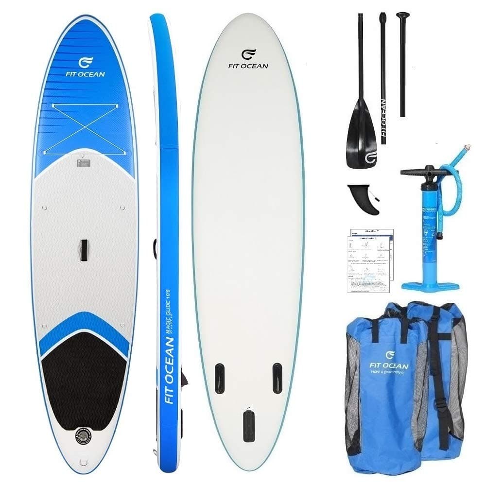 FIT OCEAN MAGIC GLIDE 10'8 Blue inflatable SUP Paddleboard. A BOARD FOR THE WHOLE FAMILY (carries 1 adult up to 140 KG + kids) AND is great to paddle alone. Size: 330X81X15 cm thick military grade PVC Board (stiff & paddle with dry feet).