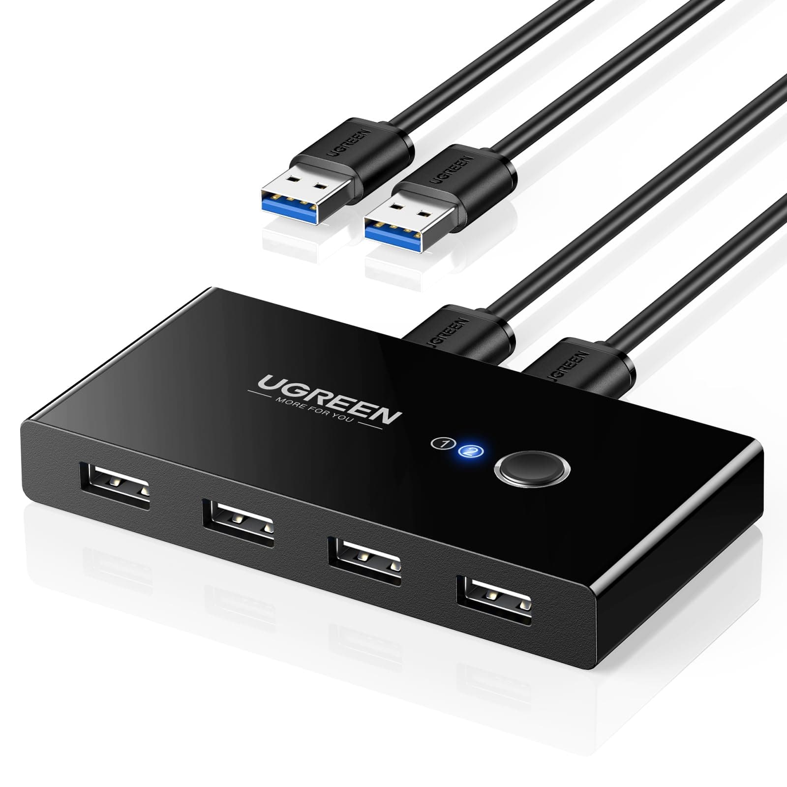 UGREEN 4 Ports USB 2.0 Switch for 2 PCs, 2 in 4 Out USB Switch for Mouse, Keyboard, Scanner, Printer, Stick, Hard Drive Compatible with Windows, Mac OS 8.6 and above, 2 USB 2.0 Cables