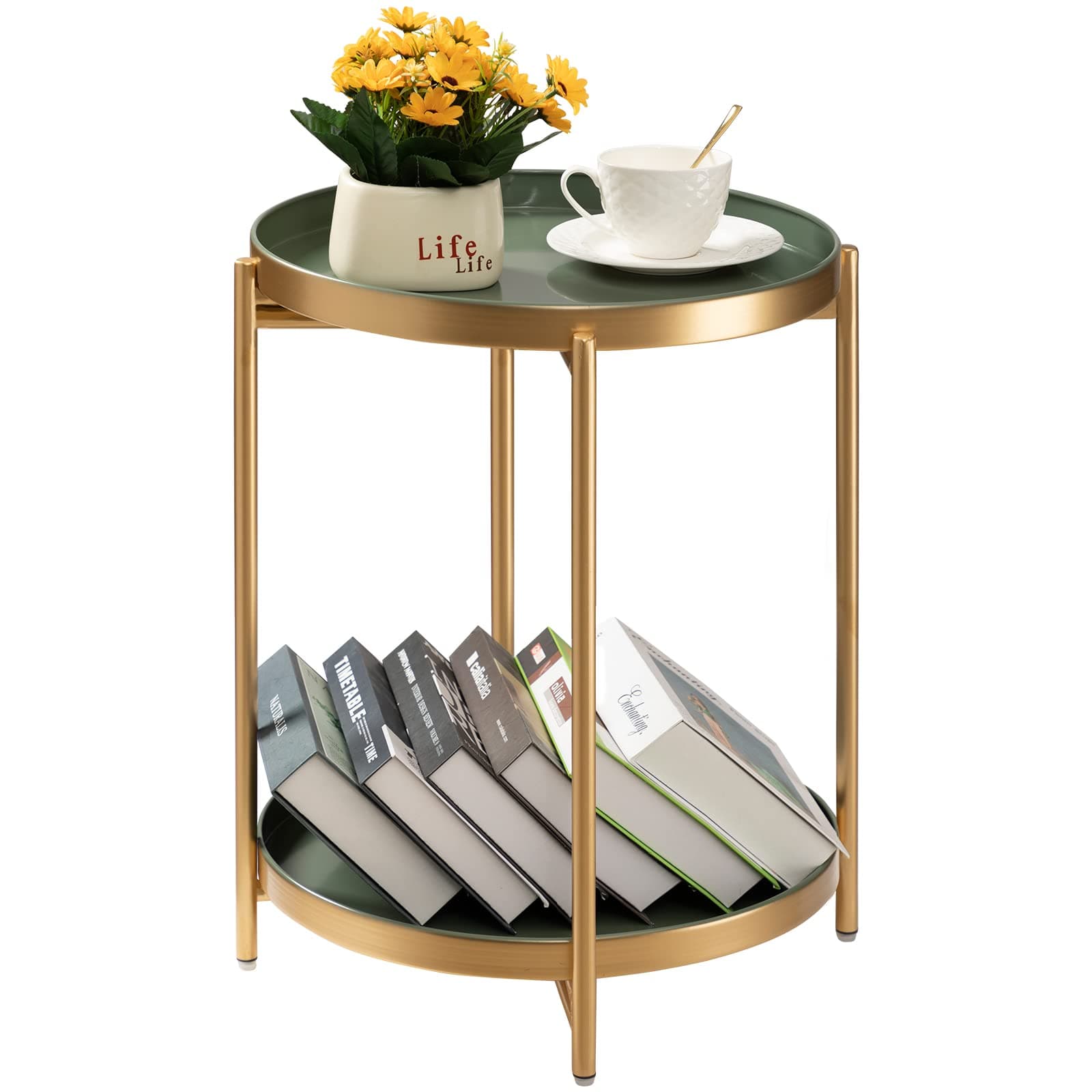 2 Tier Gold Side Table, Folding Round Metal End Table Small Nightstand with Two Removable Tray for Bedroom Living Room Bedside Small Spaces Gold + Dark Green