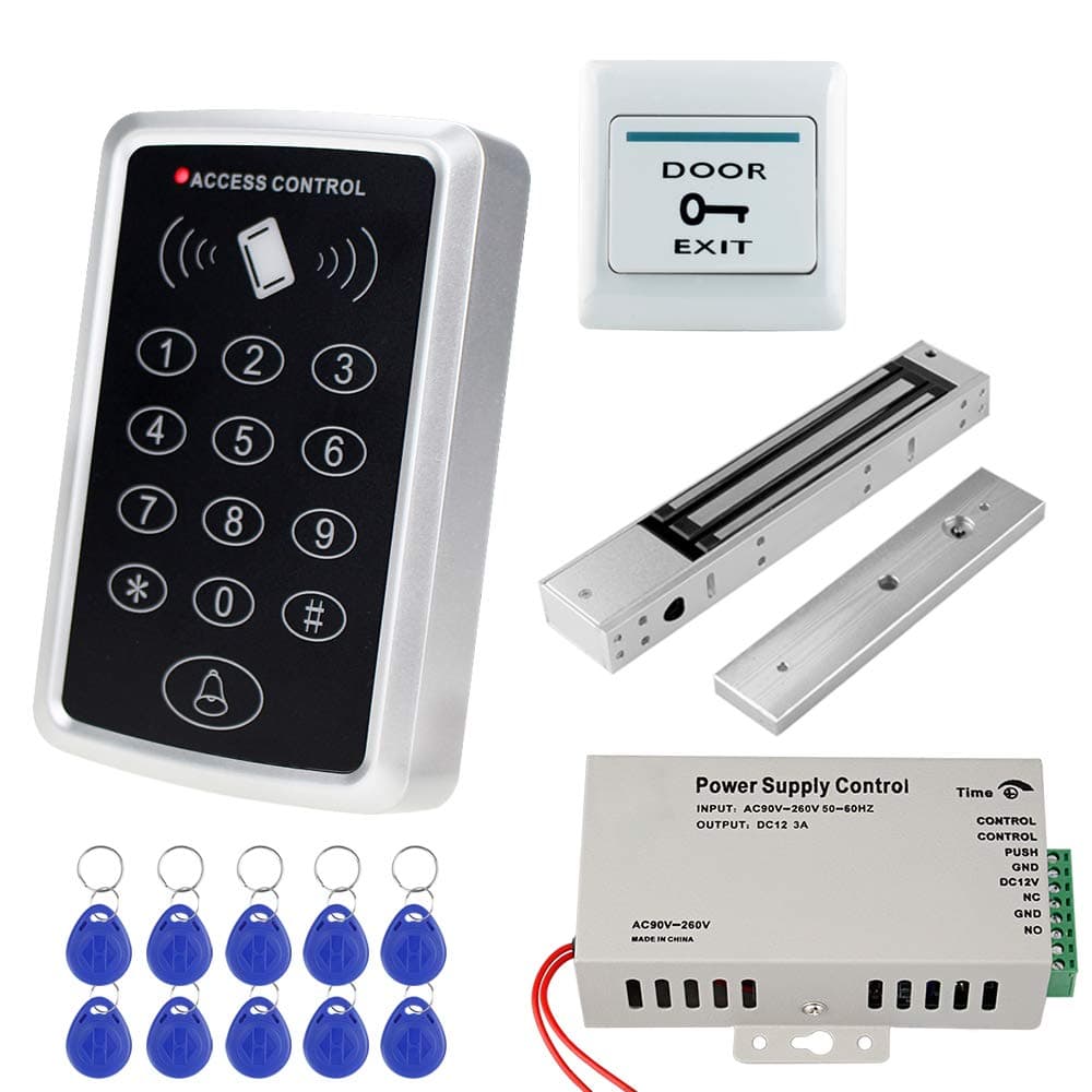 NN99 Full Access Control System Kit RFID Keypad Reader + Electric Magnetic Lock Electromagnetic 280KG/600lbs + Power Supply 12V 3A + Door Exit Button for Home Security
