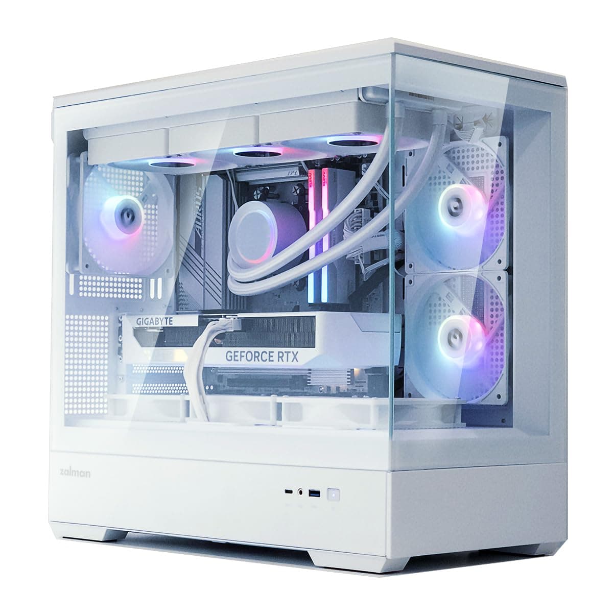 Zalman P30 Micro-ATX Case, MATX PC Case with 3 x 120mm ARGB Fans Pre-Installed, Panoramic Frameless Tempered Glass Front & Side Panel, Type-C and USB 3.0, White