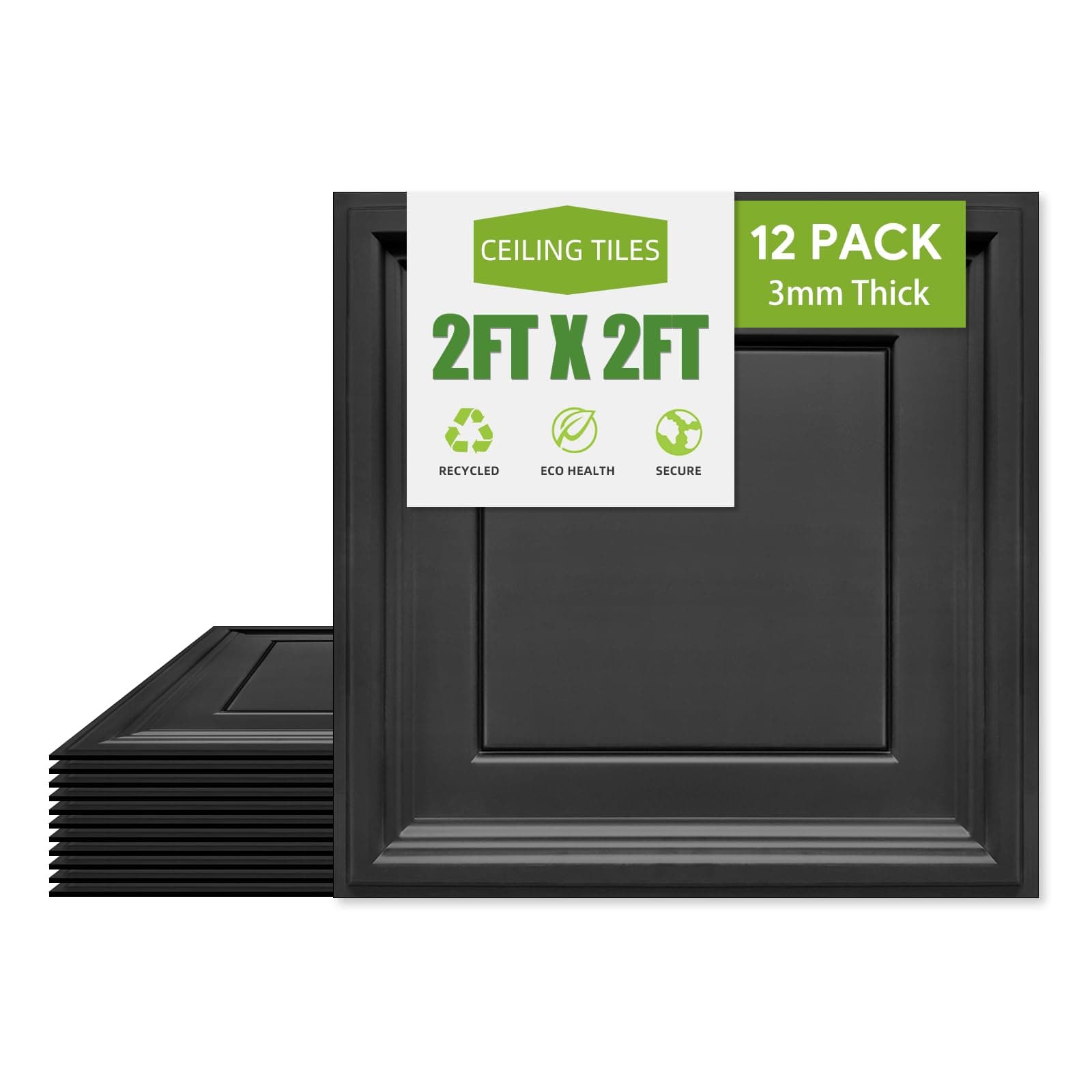 2ft x 2ft Drop Ceiling Tiles, Black Icon Relief Ceiling 24 x 24in. Waterproof, Washable and Fire-Rated - Reusable - High-Grade PVC to Prevent Breakage Cover 48 Sq. Ft, Pack of 12 Tiles