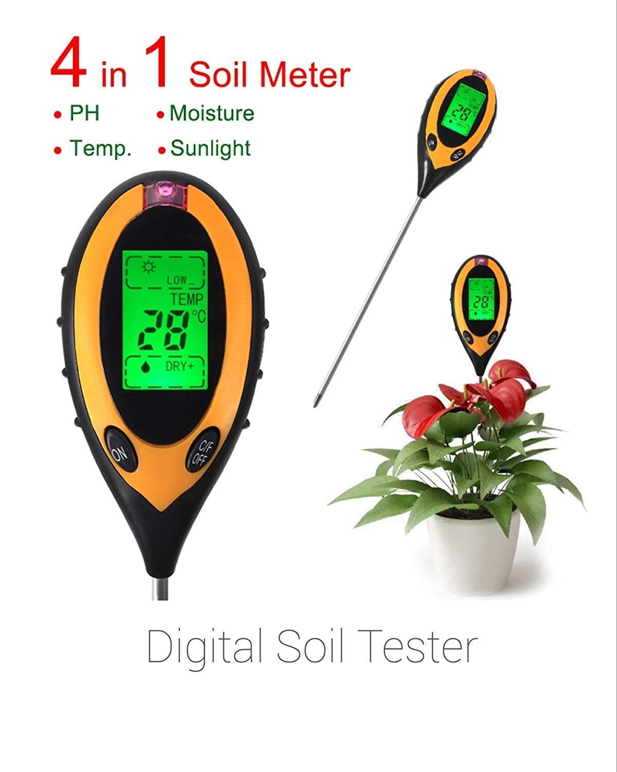 Alfa Mart 4-in-1 Moisture Ph Light, Acidity , Sunlight Intensity, LCD Display Temperature Digital Sensor Garden, Plant Soil Humidity Light Tester Meter