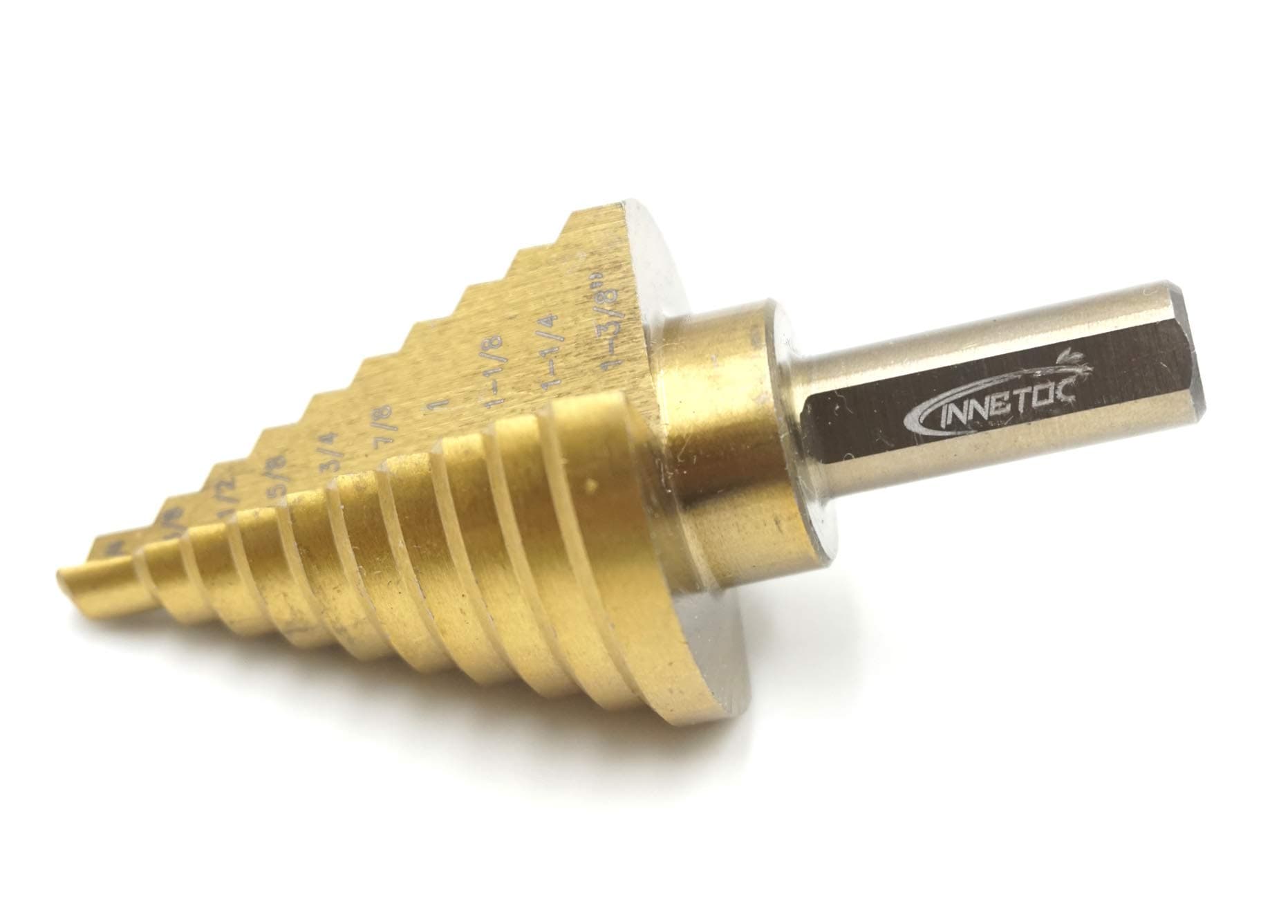 INNETOC3/8" Shank Titanium Step Drill Bit, 1/4' to 1-3/8' in 1/8' Increments with Safe Plastic Case|10 Steps