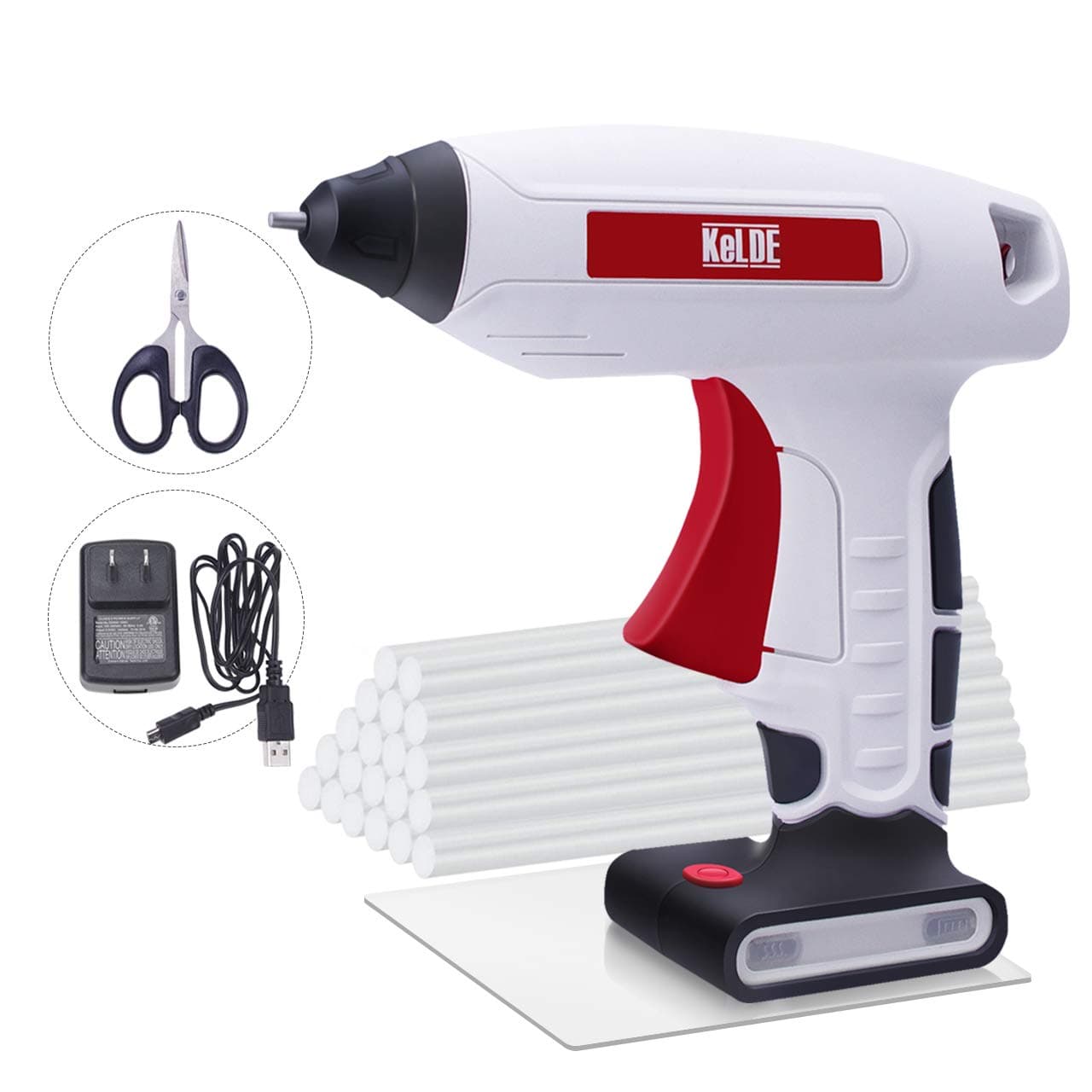 KeLDE USB Rechargeable Full Size Hot Glue Gun, 30Sec Quick Heat Up Cordless Hand Glue Gun With 20pcs 0.6x0.27” Glue Sticks Set, Fine Tip Nozzle