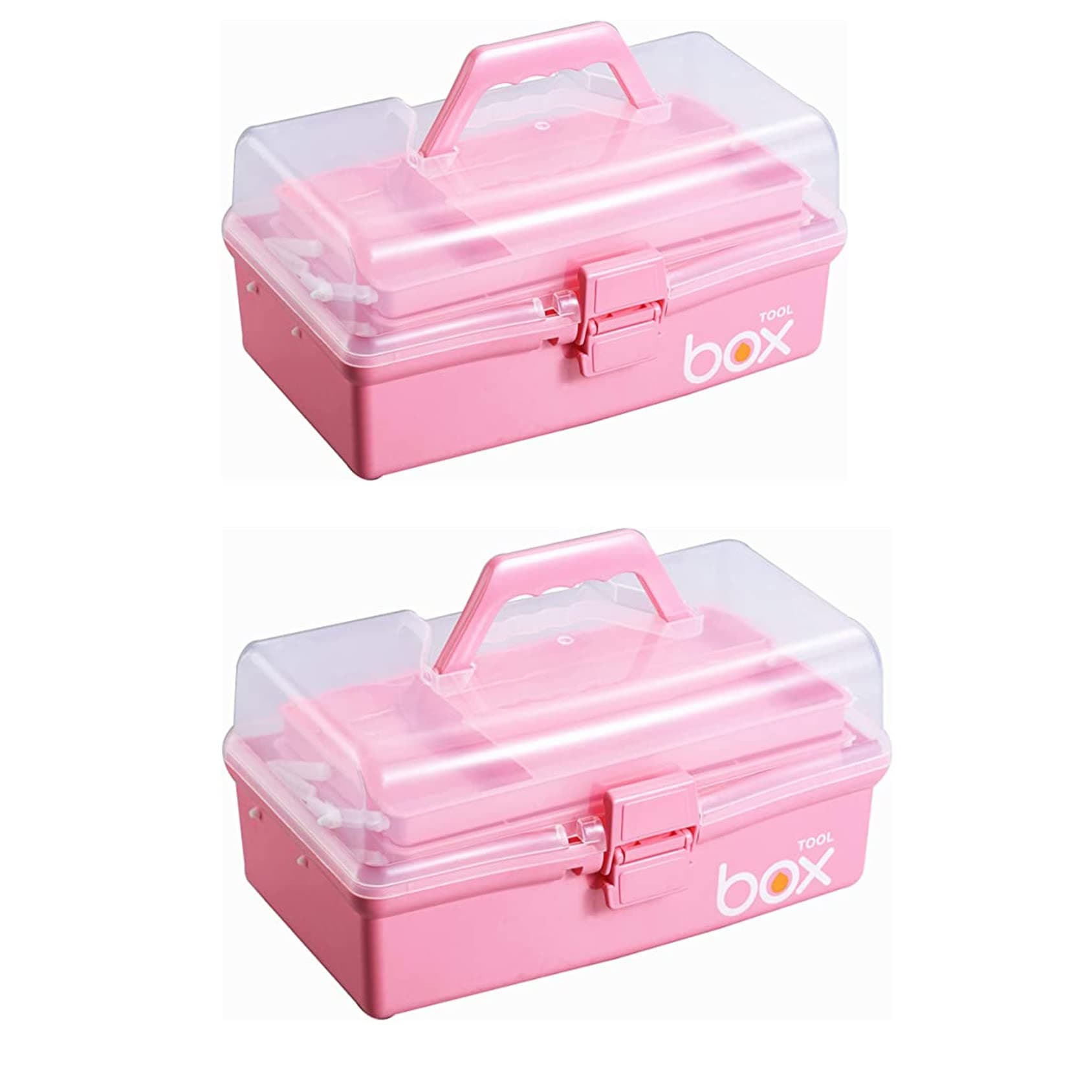 Kinsorcai2PCS 12'' Three-Layer Clear Plastic Storage Box/Tool Box, Multipurpose Organizer and Portable Handled Storage Case for Art Craft and Cosmetic (Pink)