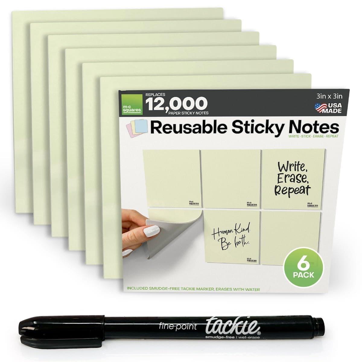 M.C. Squares Reusable Sticky Notes | 3" x 3" 6 Pack of Green Stickies | Wet & Dry Erase Post Notes | Re-Stickable | Cling to Stainless Steel, Glass, Plastic | Includes Wet Erase Marker | USA Made