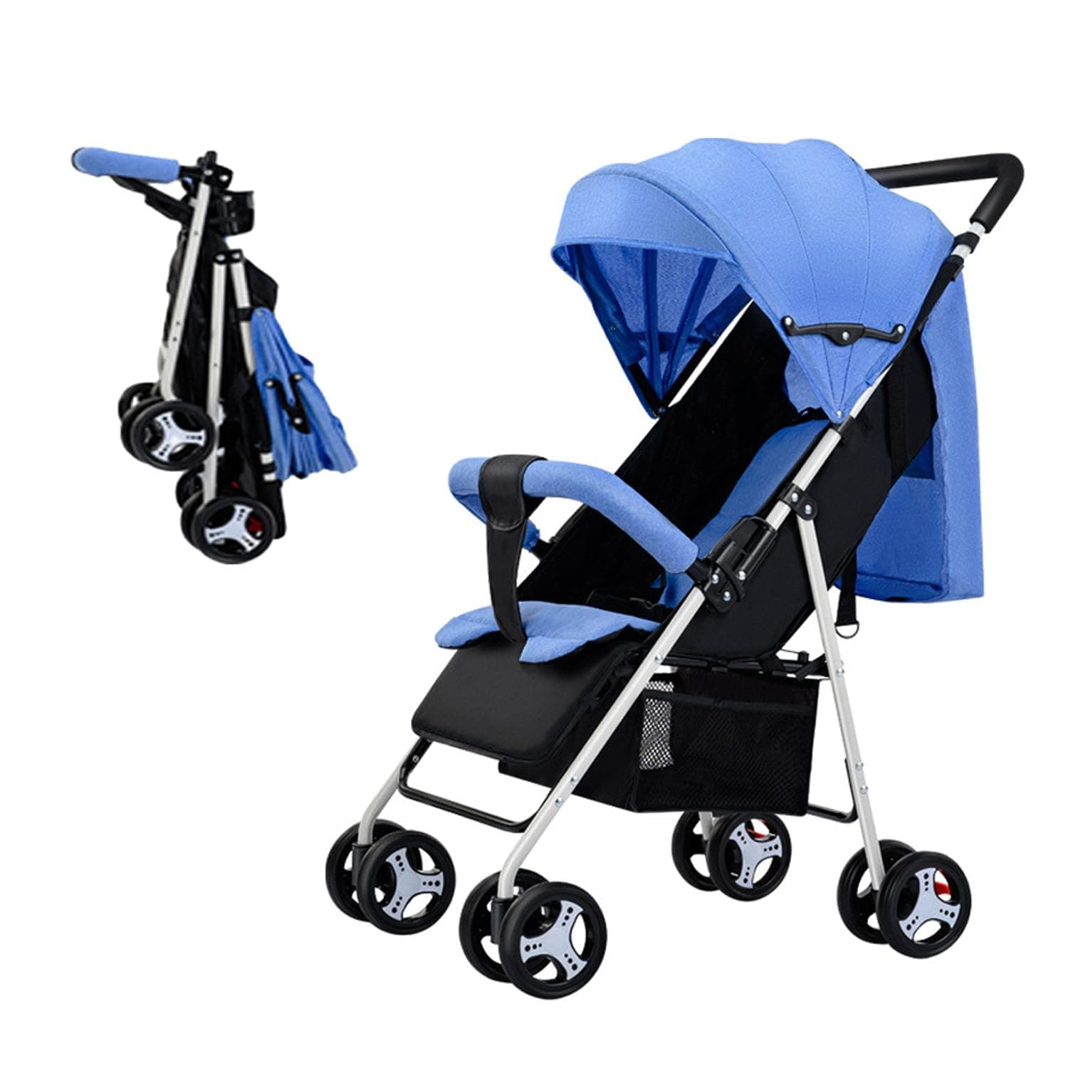 Lightweight Travel Stroller - Foldable Umbrella Stroller With Adjustable Footrest/Backrest, One-Hand Folding for Newborn Infant, Basket & Safety Harness