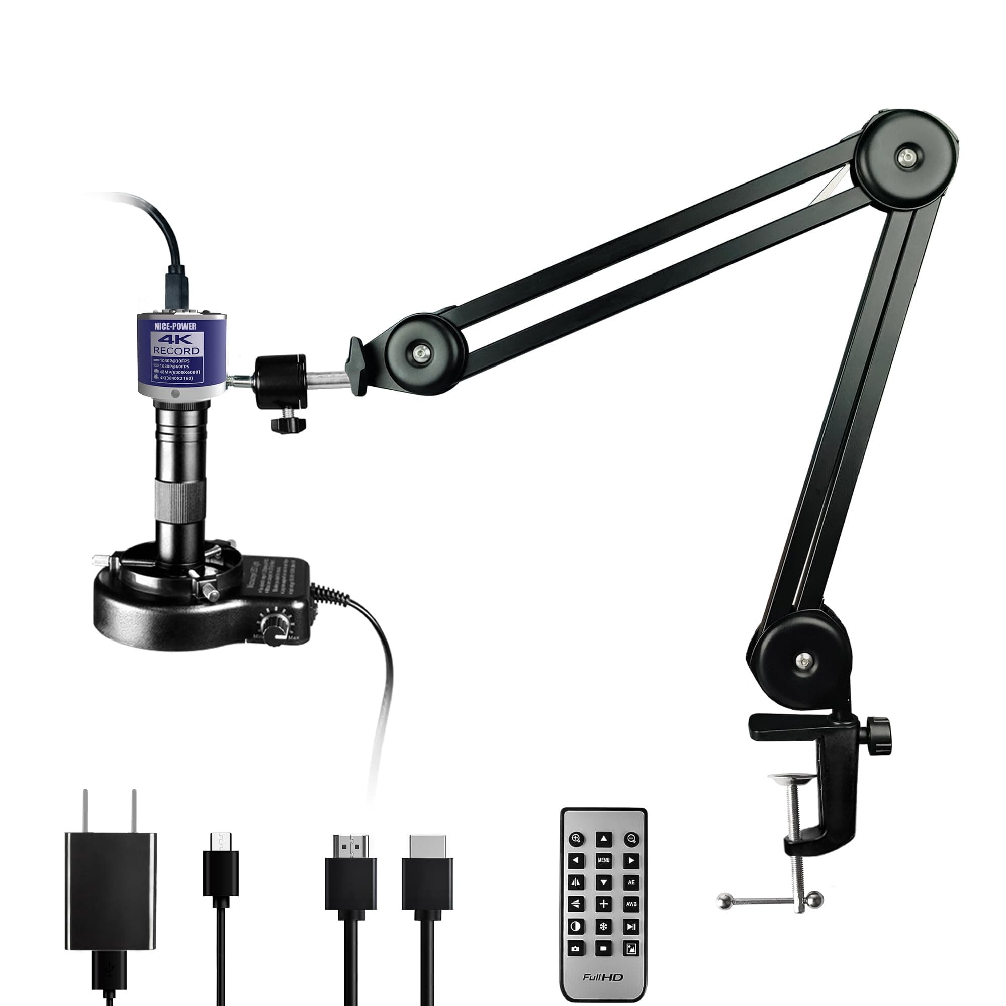 NICE-POWER Digital Microscope, 48MP 4K 1080P HDMI Type-C/USB Industrial Video Microscope Camera, 150X Zoom C-Mount Lens, Foldable Stand, LED Ring Light, Soldering Microscope for Electronics Repair