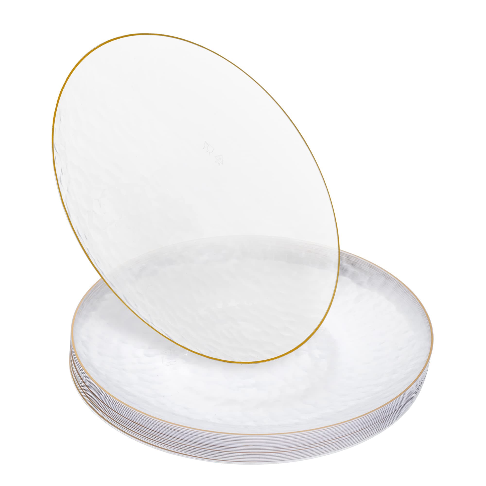 STACKABLES ~ Pack of 20 Clear Plate with Gold Rim ~ 9" Round Dessert Plates Set ~ Modern Hammered Style Classic Lunch Plates ~ Multi Use Elegant Party Dinnerware Plates