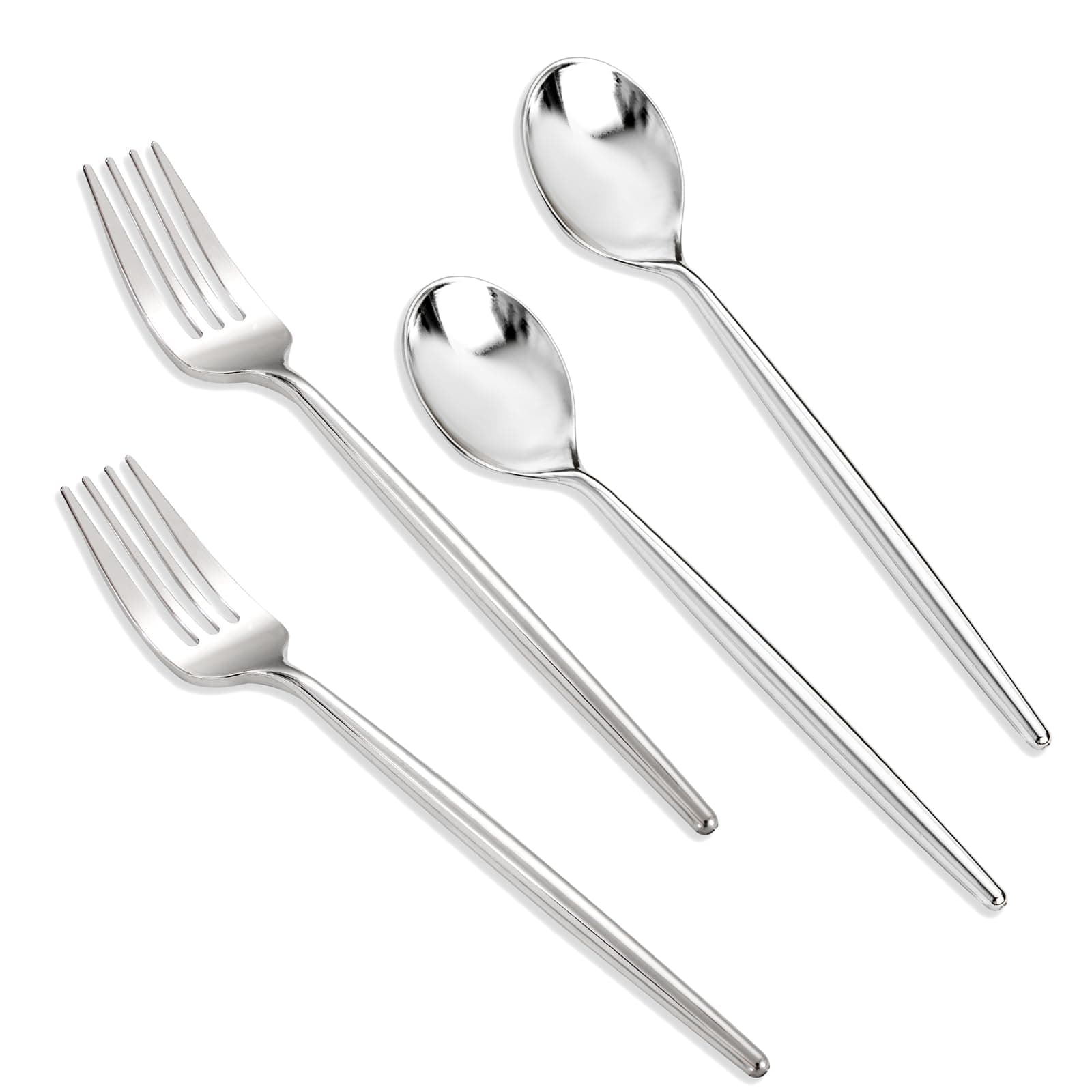 SUT 100Pcs Silver Plastic Silverware - Plastic Spoons and Forks, Disposable Silverware, Plastic Cutlery Set,50 Gold Plastic Forks, 50 Gold Plastic Spoons for Catering, Parties, Dinners, Weddings