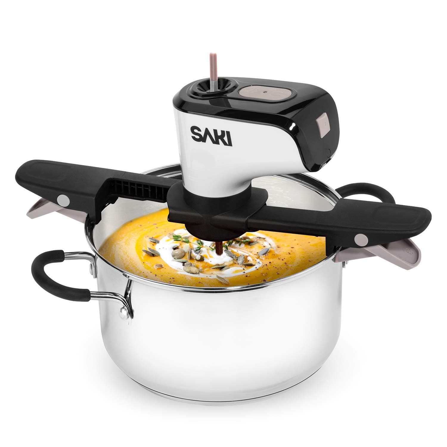 SAKI Automatic Pot Stirrer for Cooking, with 2 speeds, Adjustable, Hands Free, BPA free, Cordless and Rechargeable (2021 Updated Battery)