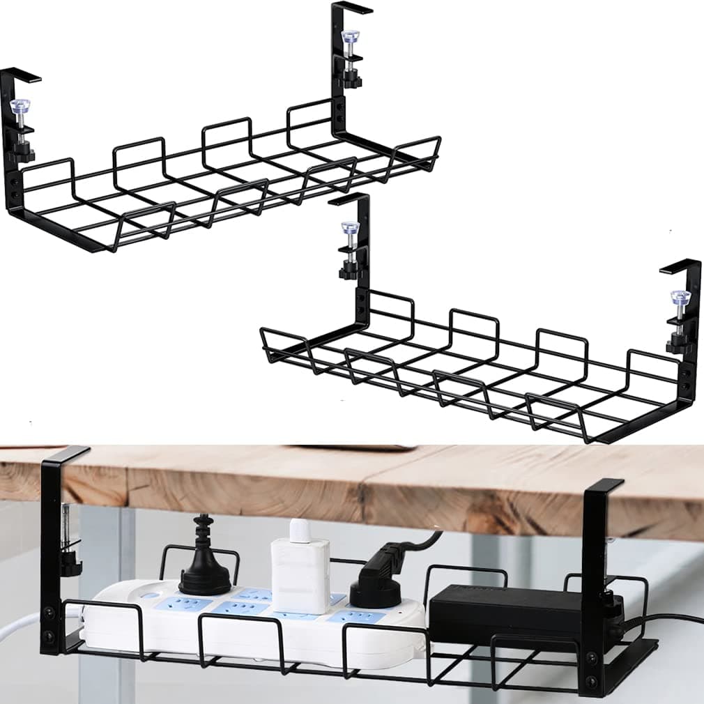 Under Desk Cable Management Tray, 2 Pack Metal Clamp Cable Organizer, 31 Inches, Modern Style, No Drill Required