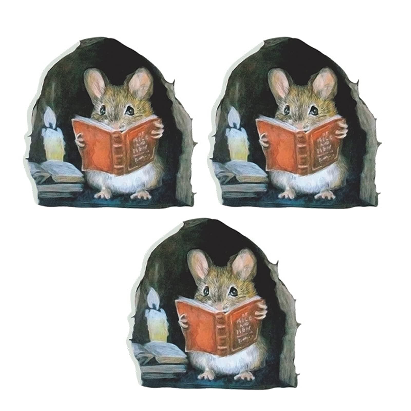 Walbest 3D Mouse Hole Wall Stickers 3Pcs Mouse Reading Book in Wall Decals - Water Proof Funny Wall Stickers for Bedroom Nursery Wall Decor(Mouse Color Upgrade)