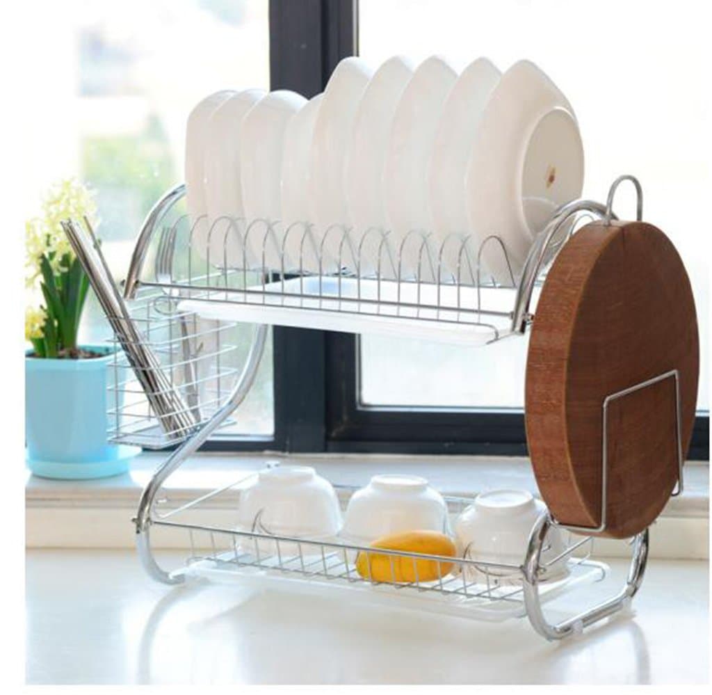 DFHHG® kitchen Shelf Landing 2 layer dishes Storage rack Free punching Drain metal Drain rack Chopsticks plate Home Dish racks Anvil plate Double disk Durable