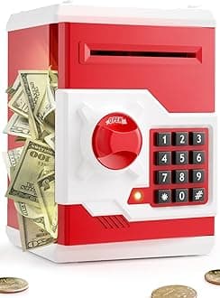 Piggy Bank for Girls Boys Large Electronic Money Coin Banks with Password Protection, Automatic Paper Money Scroll Saving Box, Great Gift for Kids (Black-Red)