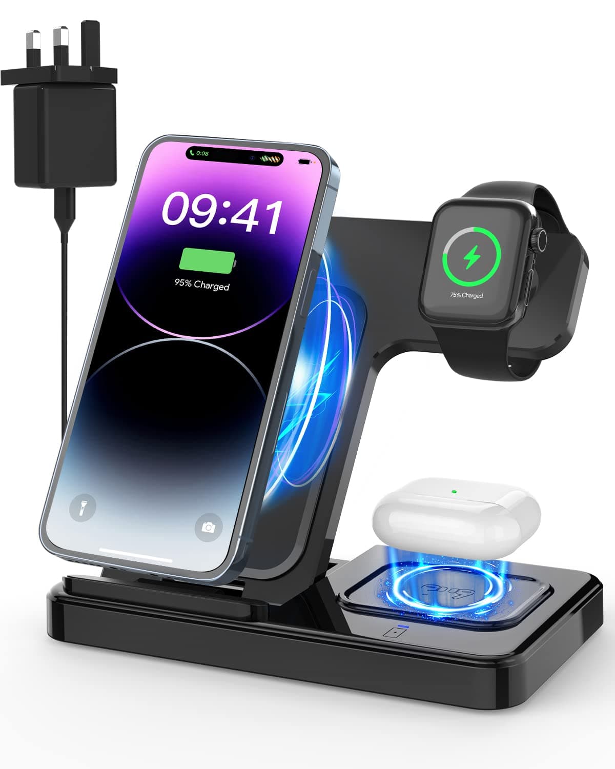 3 in 1 Wireless Charger, Foldable Charging Station Dock for iPhone 16/15/14/13/12/11/SE/X/8 and Apple Watch Ultra/8/7/6/SE/3/2, AirPods Pro/Pro2/2/3(Q3.0 Adapter Included)