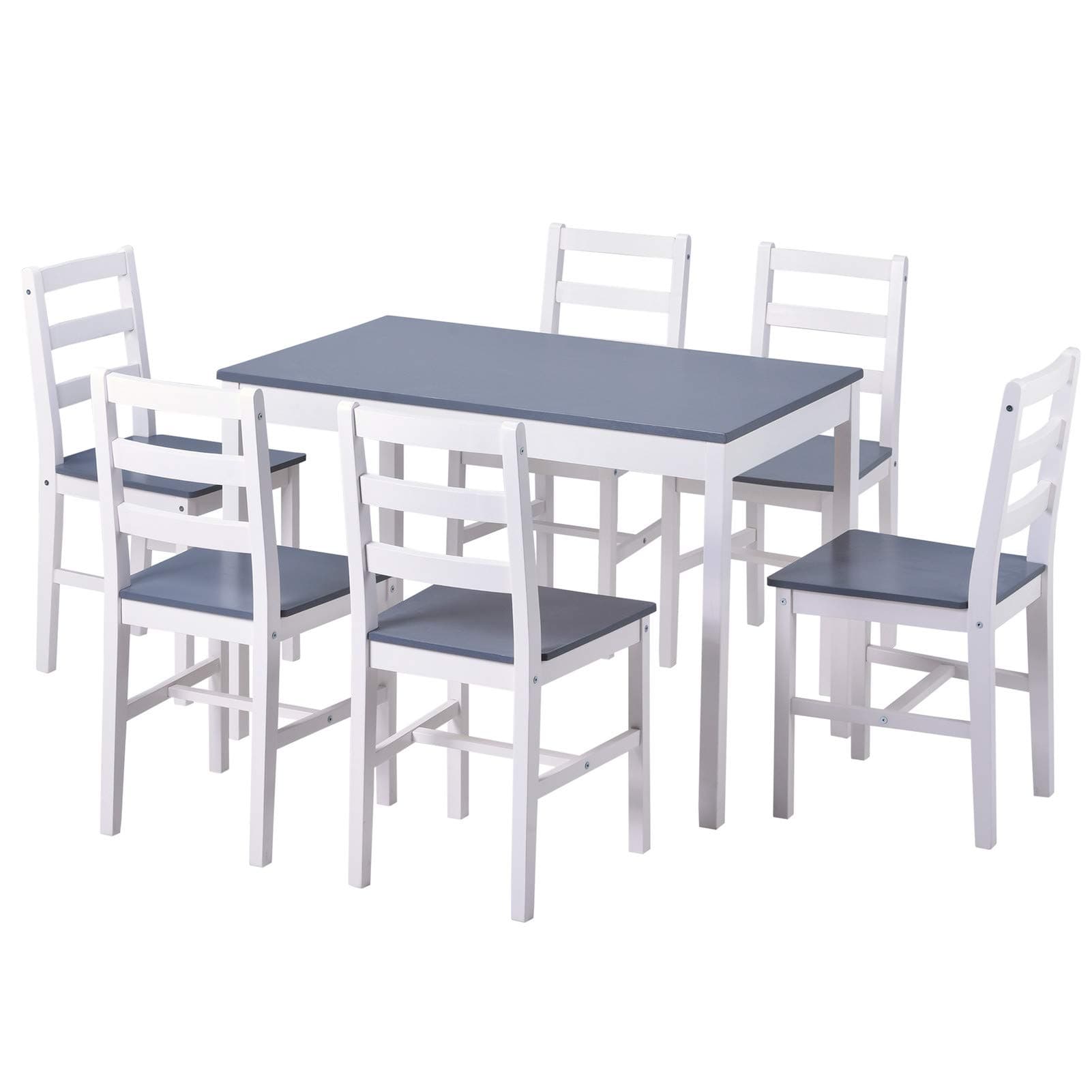 Bodhi2000 Dining Room Sets, Elegant White Gray Solid Pine Wood Dining Table Chair Set with 6 Chairs for Kitchen Restaurant Furniture Decors, 7-in-1 Set