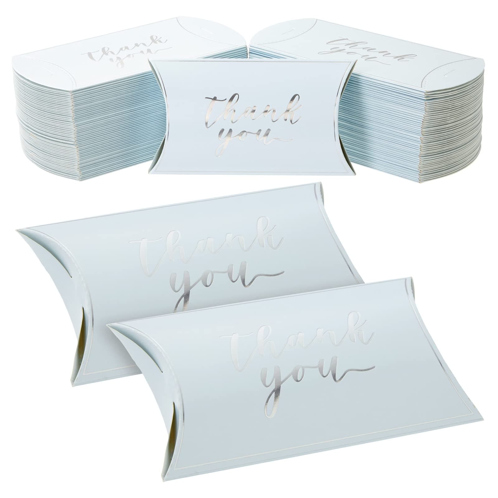 Sparkle and Bash 100-Pack Wedding Favor Pillow Boxes, Bulk 5.2x3.2-Inch Kraft Paper Thank You Gift Boxes for Party Favors (Light Blue with Silver Script)