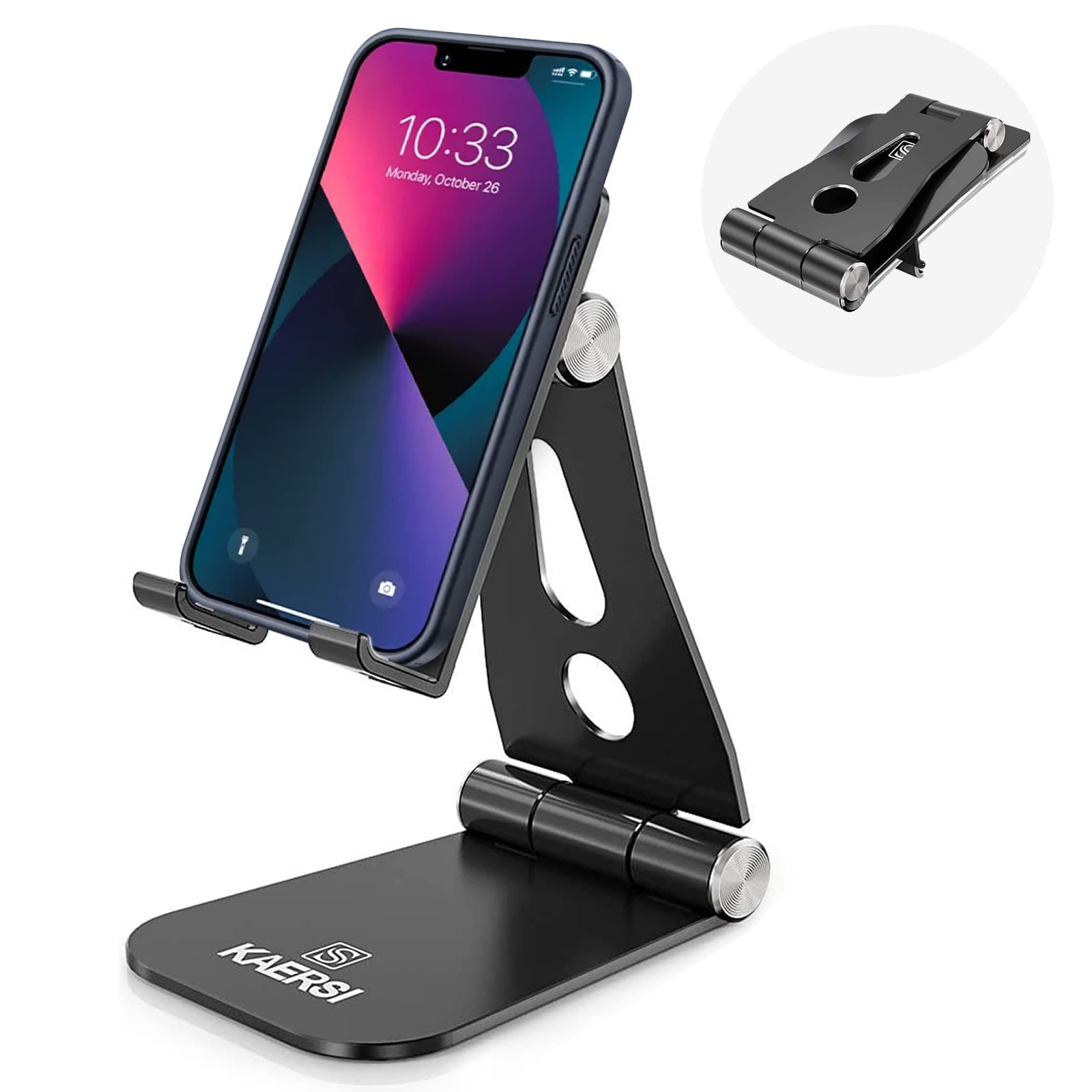 KAERSI Cell Phone Stand, 2 Hinge Adjustable, Foldable Phone Stand Holder Cradle Dock for Desk, Home, Office, Travel. Compatible with Smartphone Android, iPhone 11 Xs XR 8 7 Plus, Tablet iPad (Black)