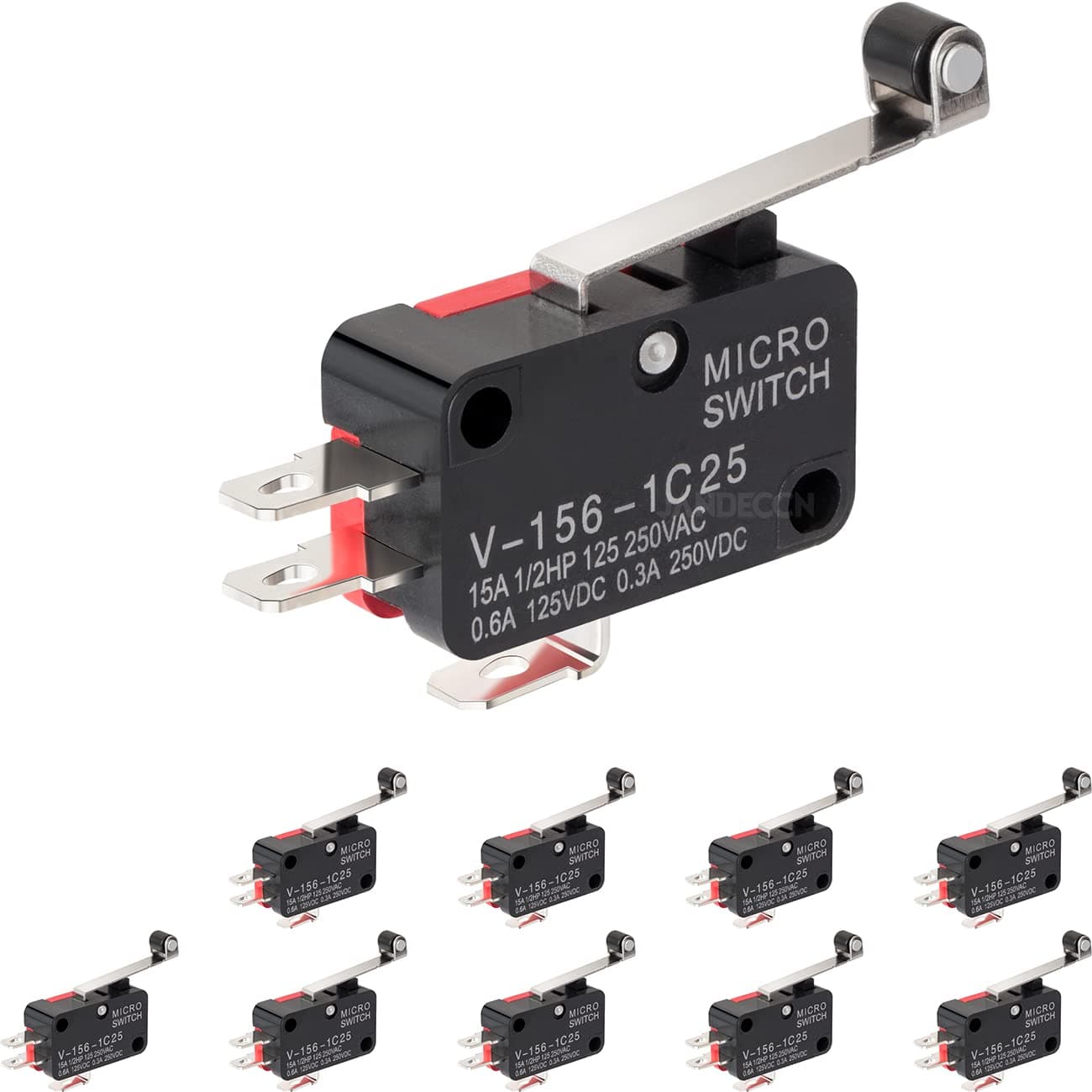 10Pcs Lead Limit Switch Hinge Roller Lever Arm, SPDT 1NO 1NC Snap Action Micro Switch V-156-1C25