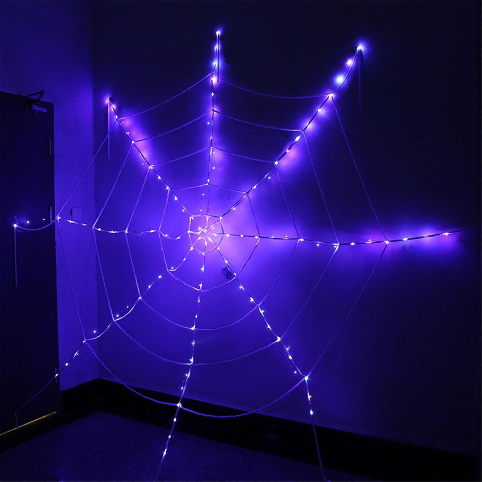 Halloween 360CM Light Up Spider Web with Remote, 120 Led Lights Halloween Spider Web, 8 Lighting Modes, Powered by 3 AA batteries (not Included), Halloween Decorations Outdoor (Purple)