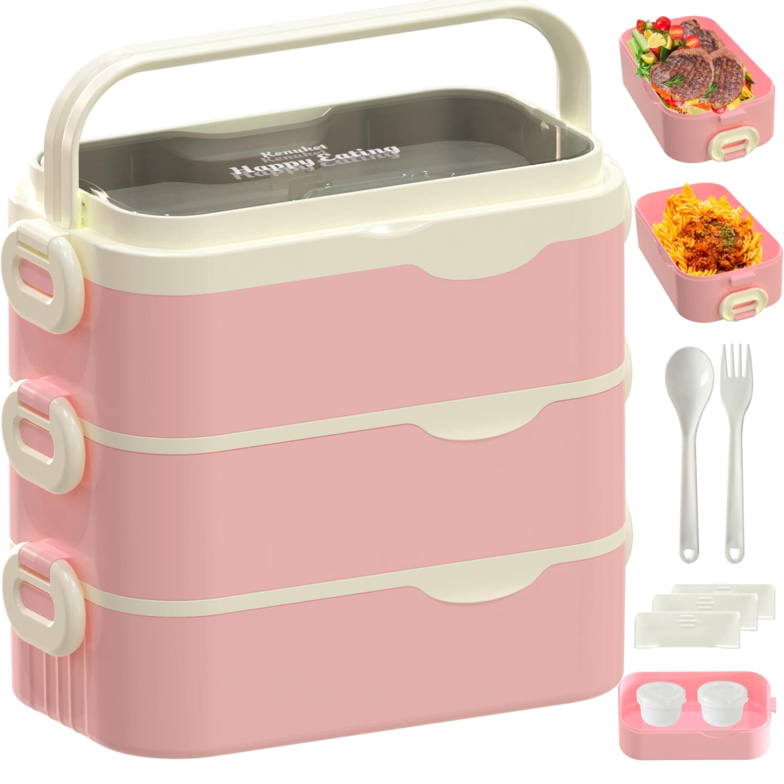 Bento Box Adult Lunch Box, Stackable 3 Layers Large Capacity Lunch Containers, Microwave and Dishwasher Safe Food Grade Containers with Utensils, Dividers and Sauce Boxes for Men, Women, Kids