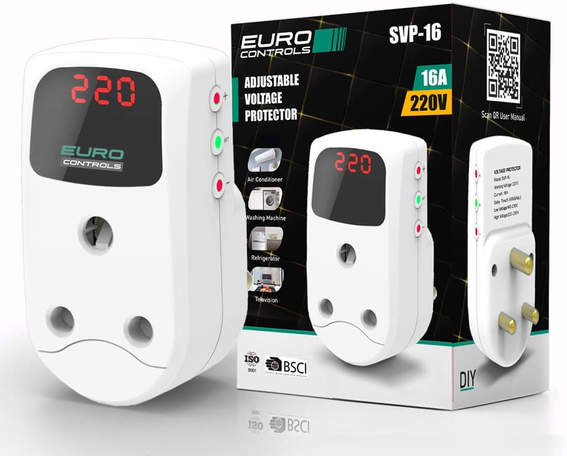Euro SVP-16 16 Amp Digital Adjustable Under/Over Voltage Protector & Spike Protector Socket Voltage Guard with Display Time Delay & India Compatible socket & Plug with auto recovery