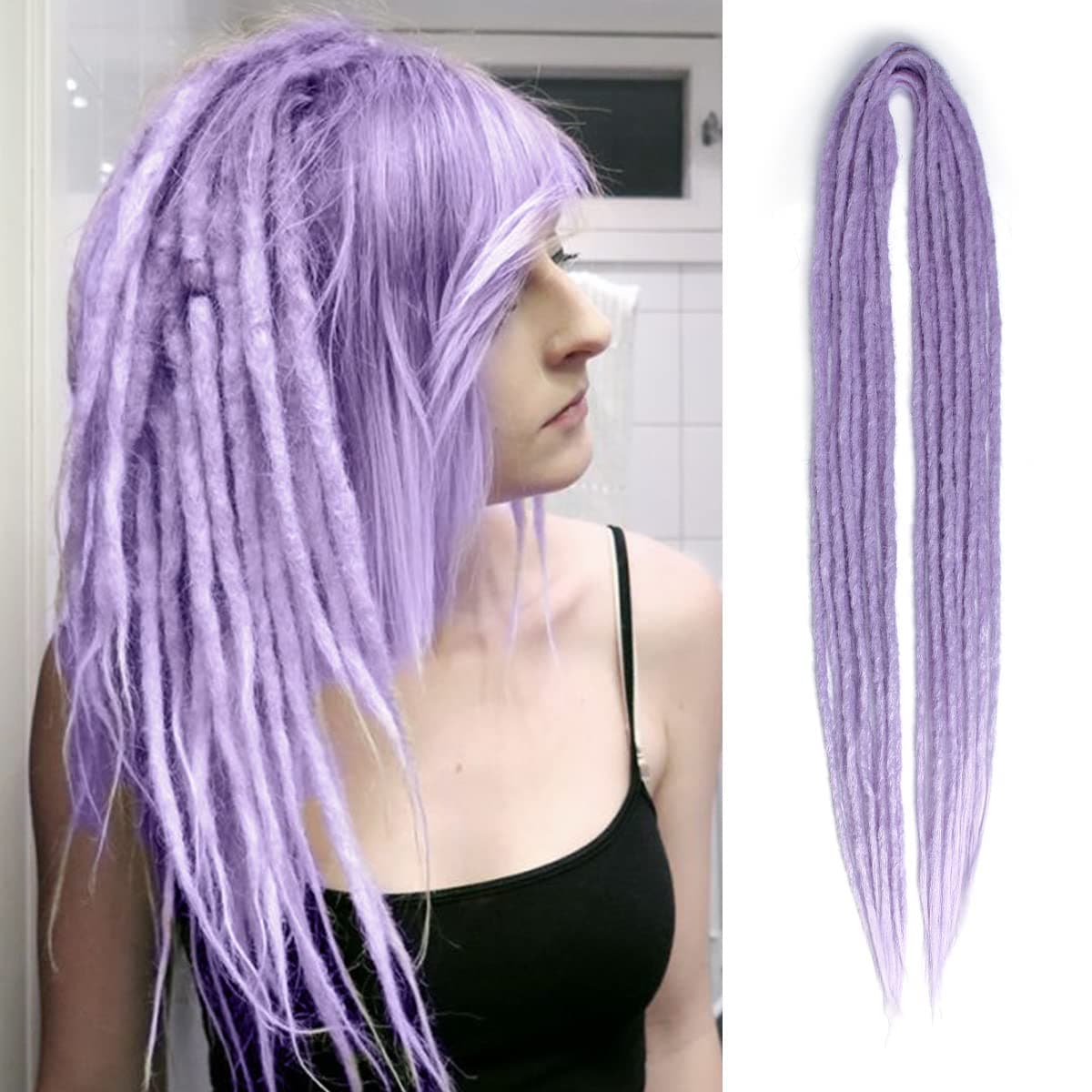 Double Ended Dreadlock Extensions, 24 inch Lavender Thin 0.6cm 15 pcs Fake Dreads Extensions, DE Synthetic Dreadlock Extensions Reggae Hippie Braid in Dreads for Women