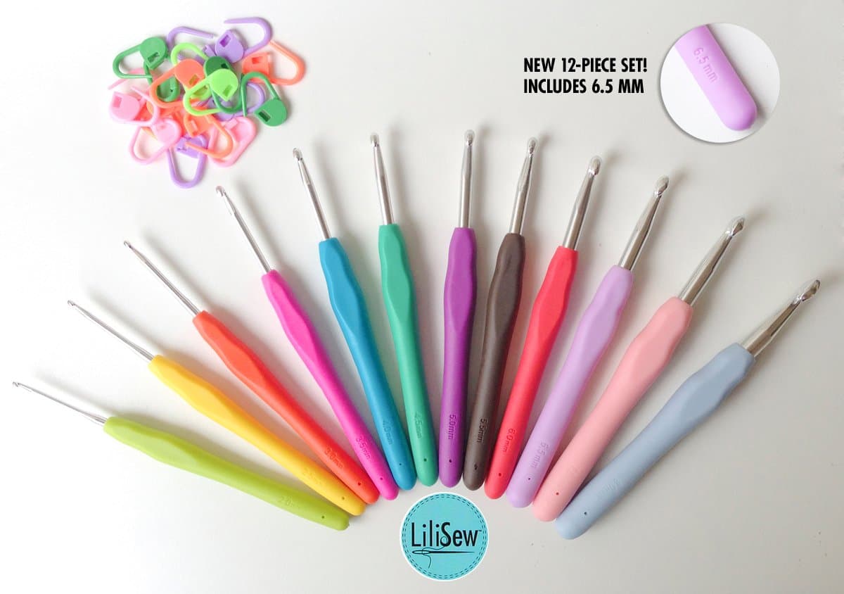 LiLiSew 12 Crochet Hook Set Case with 6.5, 7, 8mm Sizes Crochet Hooks, 20 Stich Markers.Best Gift. Ergonomic Comfort Soft Rubber Grip And Smooth Aluminum Needle Kit for Pain Free Crocheting.