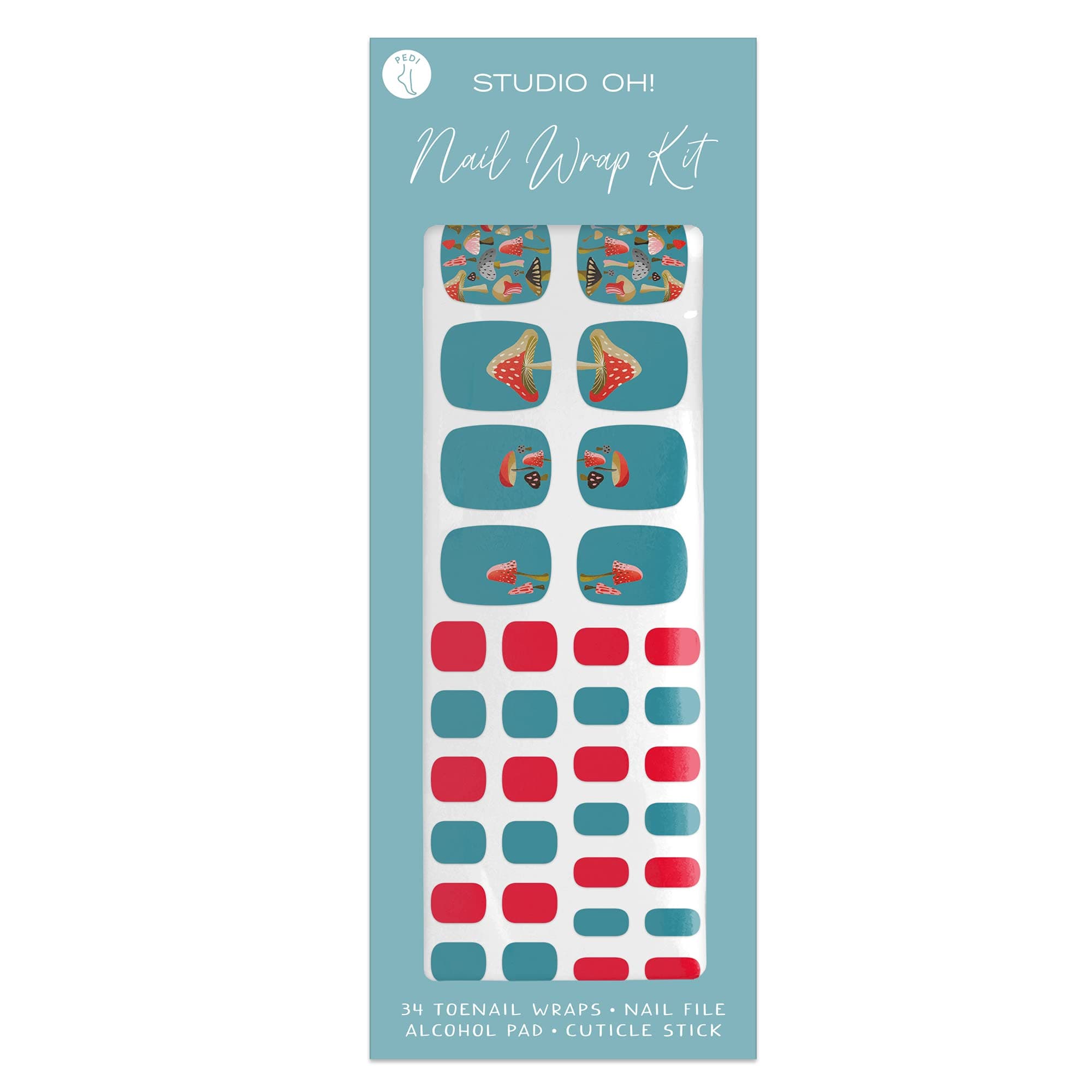 Mellow Mushrooms Pedi Nail Wrap Kit by Studio Oh! - Includes 22 Nail Wraps in Various Designs & Colors and Application Tools - Easy to Apply & Remove Wraps for Any Outfit or Mood