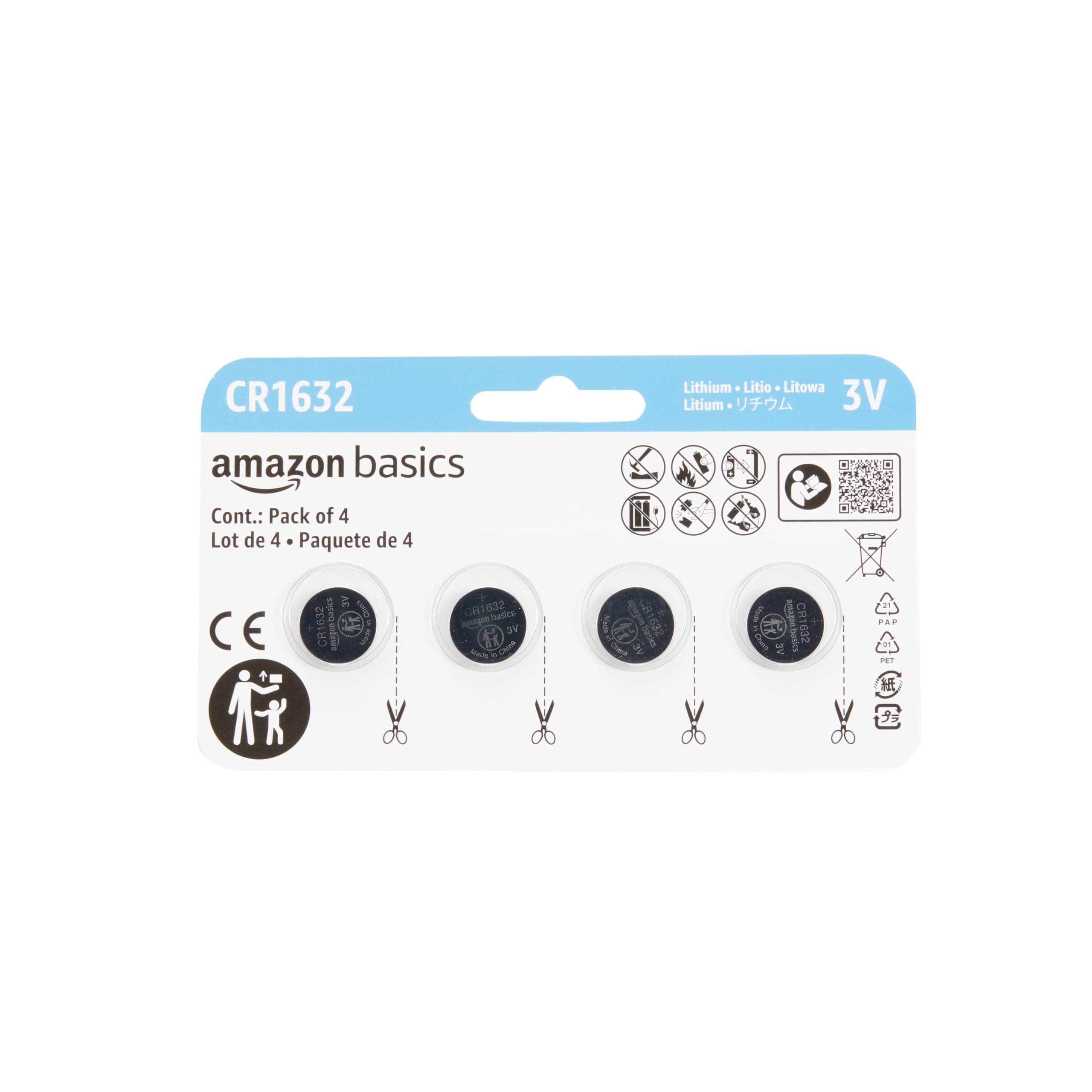Amazon Basics 4-Pack 3 Volt CR1632 Lithium Coin Cell Battery, Long Lasting Power, Mercury-Free