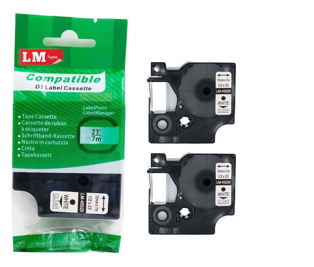 2/Pack Compatible with Dymo 1/2" (12mm) White on Clear D1 Label Tape for Electronic Dymo LabelWriter Duo Label Maker