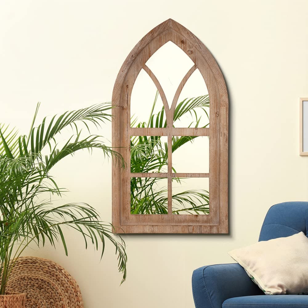 Glitzhome Gothic Style Arched Windowpane Wall Mirror Window Frame 40" H, Brown