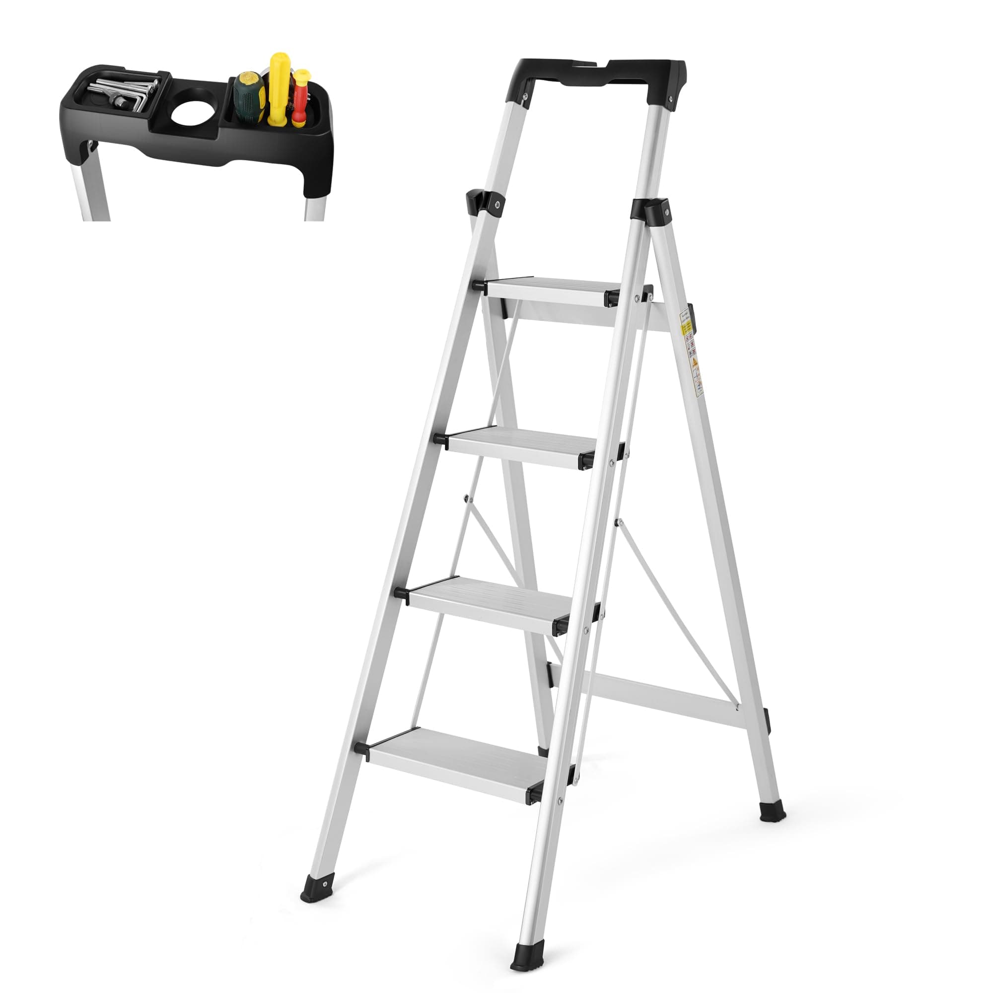 HYNAWIN Step Ladder Folding Step Stool Lightweight Aluminum Multi Purpose Portable Home and Kitchen 4 Step Ladders with Tool Project Tray (4 Step Ladder)