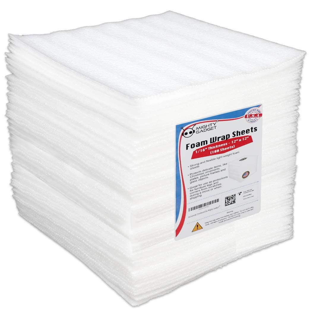 Mighty Gadget 100-Pack Foam Packing Sheets, 12" x 12" (1/16" Thick) Polyethylene, Pre-Cut Non-Abrasive Cushioning for Moving Shipping Storage, Dishes Glassware, Made in USA