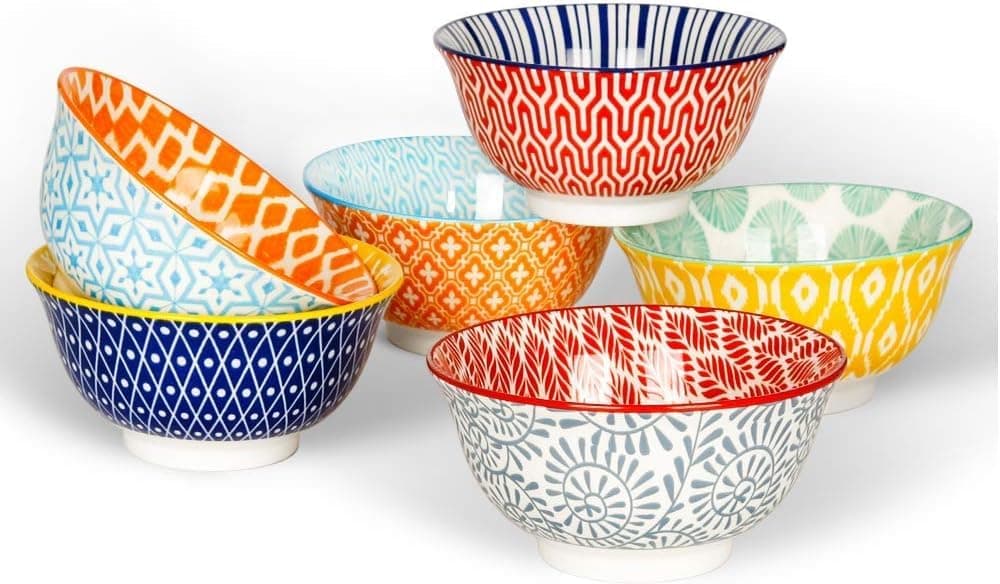 KitchenTour Ceramic Bowls Set - 30 oz Serving Bowls For Kitchen - Cereal, Ice Cream, Soup, Salad, Rice, Dessert Ceramic Bowls - Assorted Colorful Set of 6 - Microwave Dishwasher Safe - 7 Inch