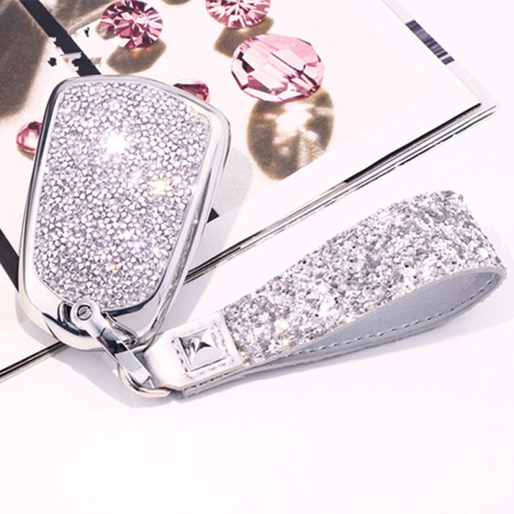 ALQYST For Crystal Diamond Key Case Shell Protector For Cadillac Ats L Srx Cts Xts Sls Ct6 Gifts For Women Girl,A-Silver-keychain