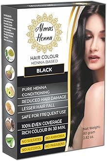 Almas Henna Hair Color 100% Organic Henna Powder Infused with Goodness of Herbs, Natural Henna Hair Color For Soft Shiny Hair, henna hair dye (2.82 OUNCE, BLACK)