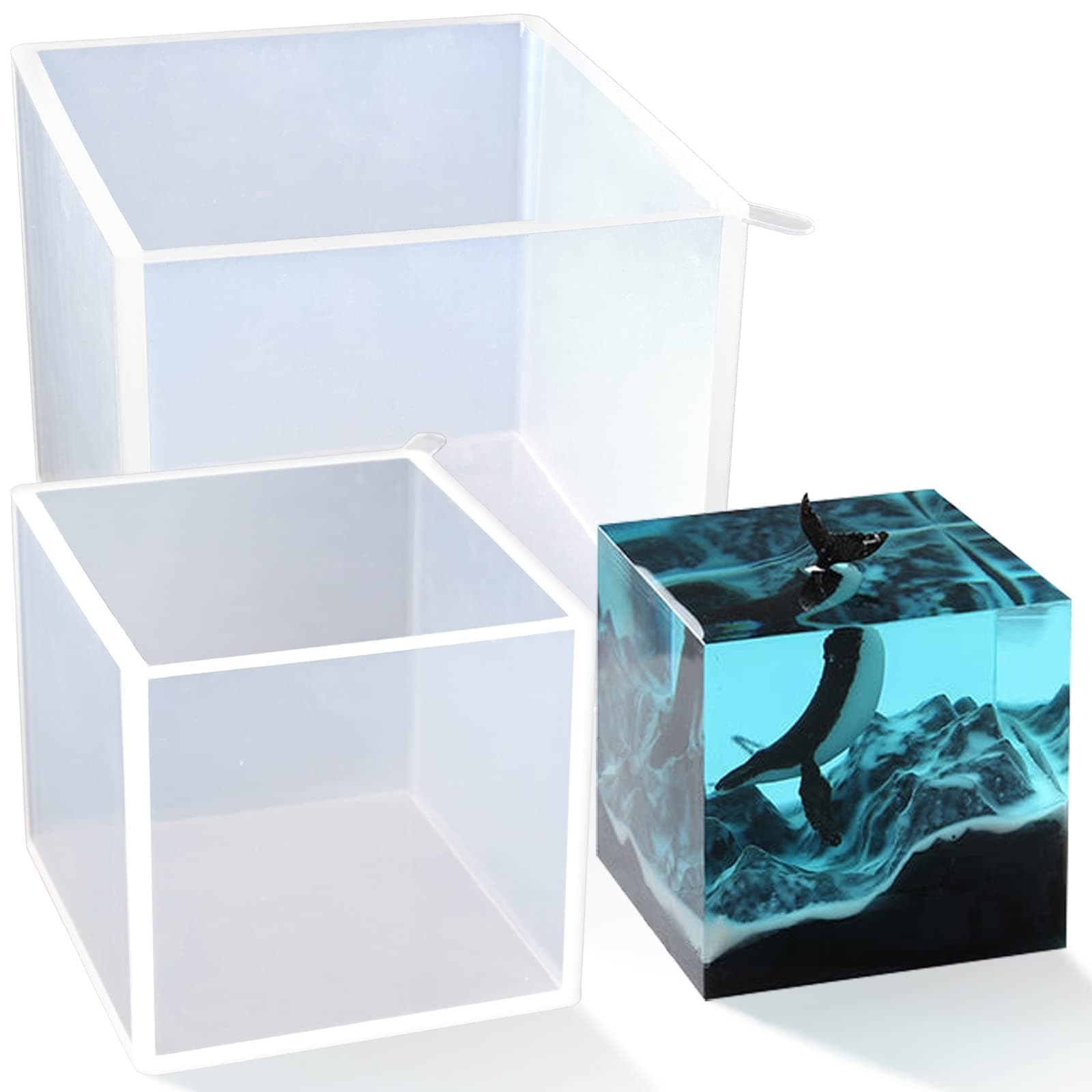 Sakolla Large Square Resin Molds-Large Cube Silicone Casting Molds for DIY Art Epoxy Resin,Transparent Deep Square Silicone Molds for Resin Casting,4 Inch and 3Inch,2 Pack