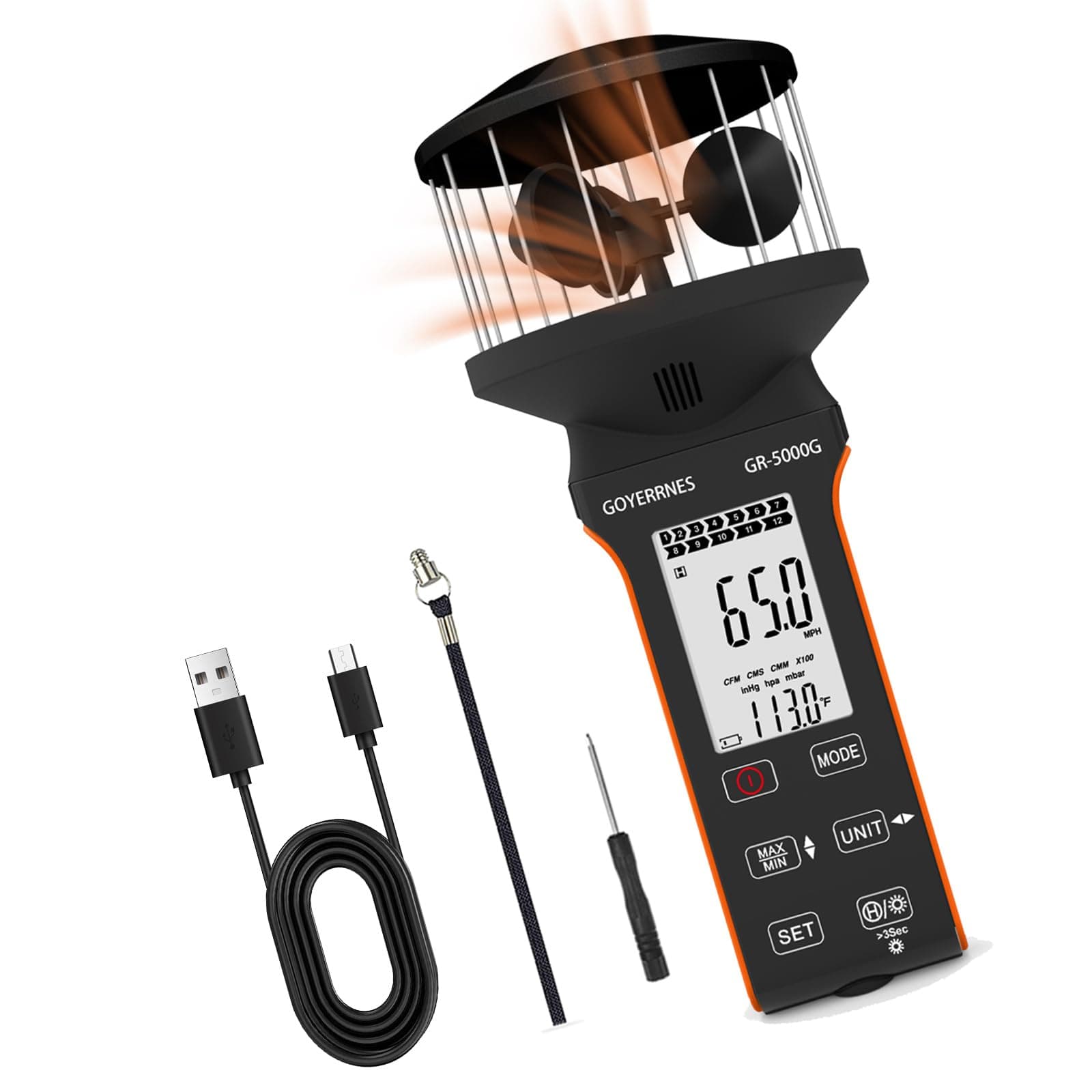 Air Flow & Wind Speed Meter, Handheld Cup Anemometer with Waterproof Touch Button, CFM Meter Gauge Air Velocity Measuring Device for HVAC Outdoor [Rechargeable]