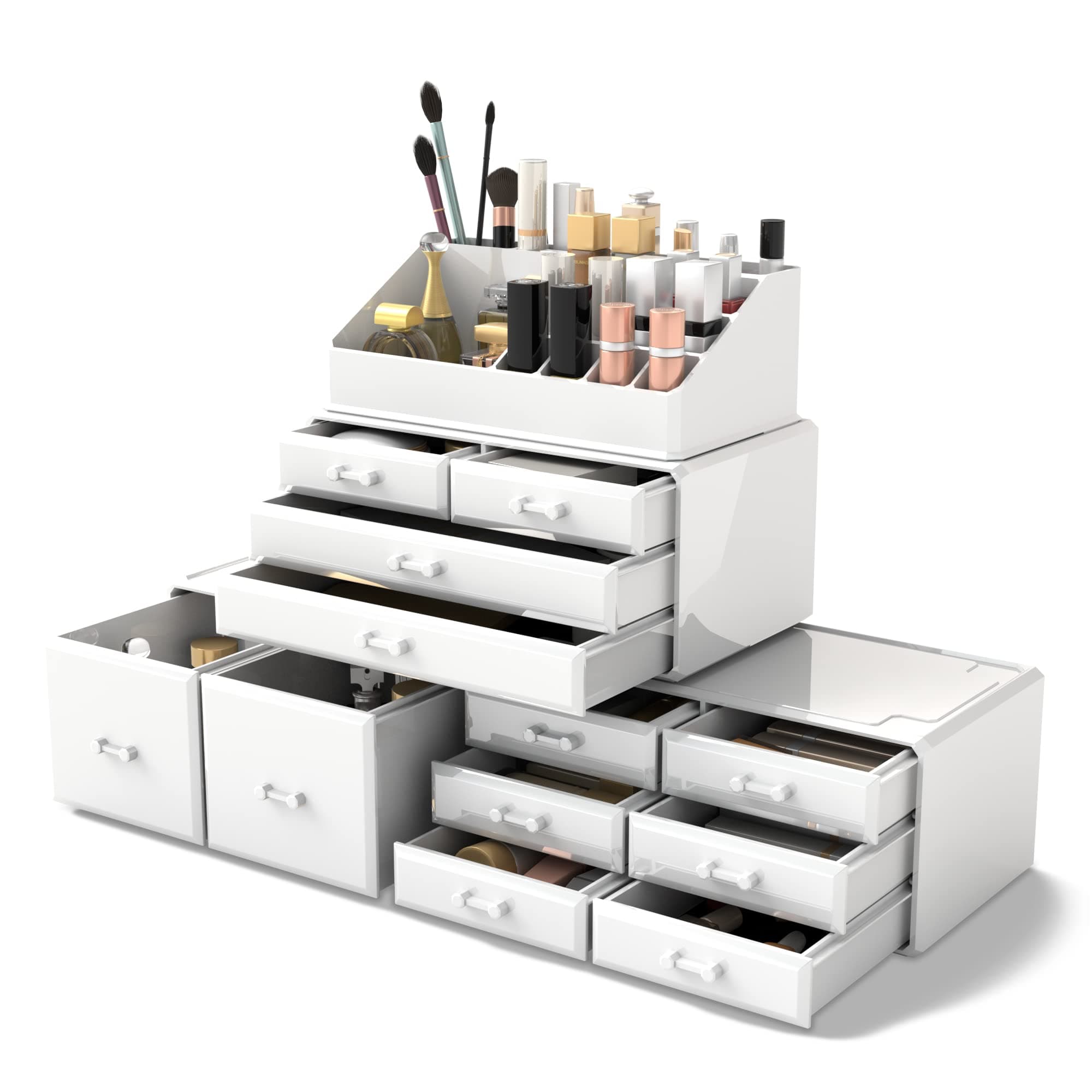 READAEER Makeup Cosmetic Organiser Storage Drawers Display Boxes Case with 12 Drawers, 4 Pieces, Freely Combined and Stacked.