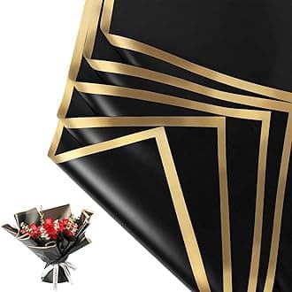 Just Flowers Waterproof Floral Wrapping Paper, Gift Wrapping Paper Roll Sheet, Florist Bouquet Supplies (Black with Golden Edge, Pack of 10)