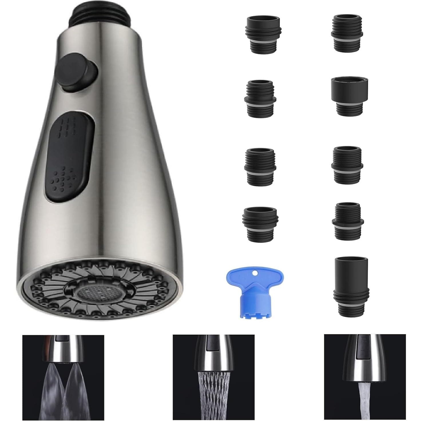 Kitchen Faucet Sprayer Head Replacement - Pull Down Faucet Spray Head with 9 Adapters, for Moen, Delta- American Standard - 3 Functions Spray Head Spiral (Brushed Nickel)