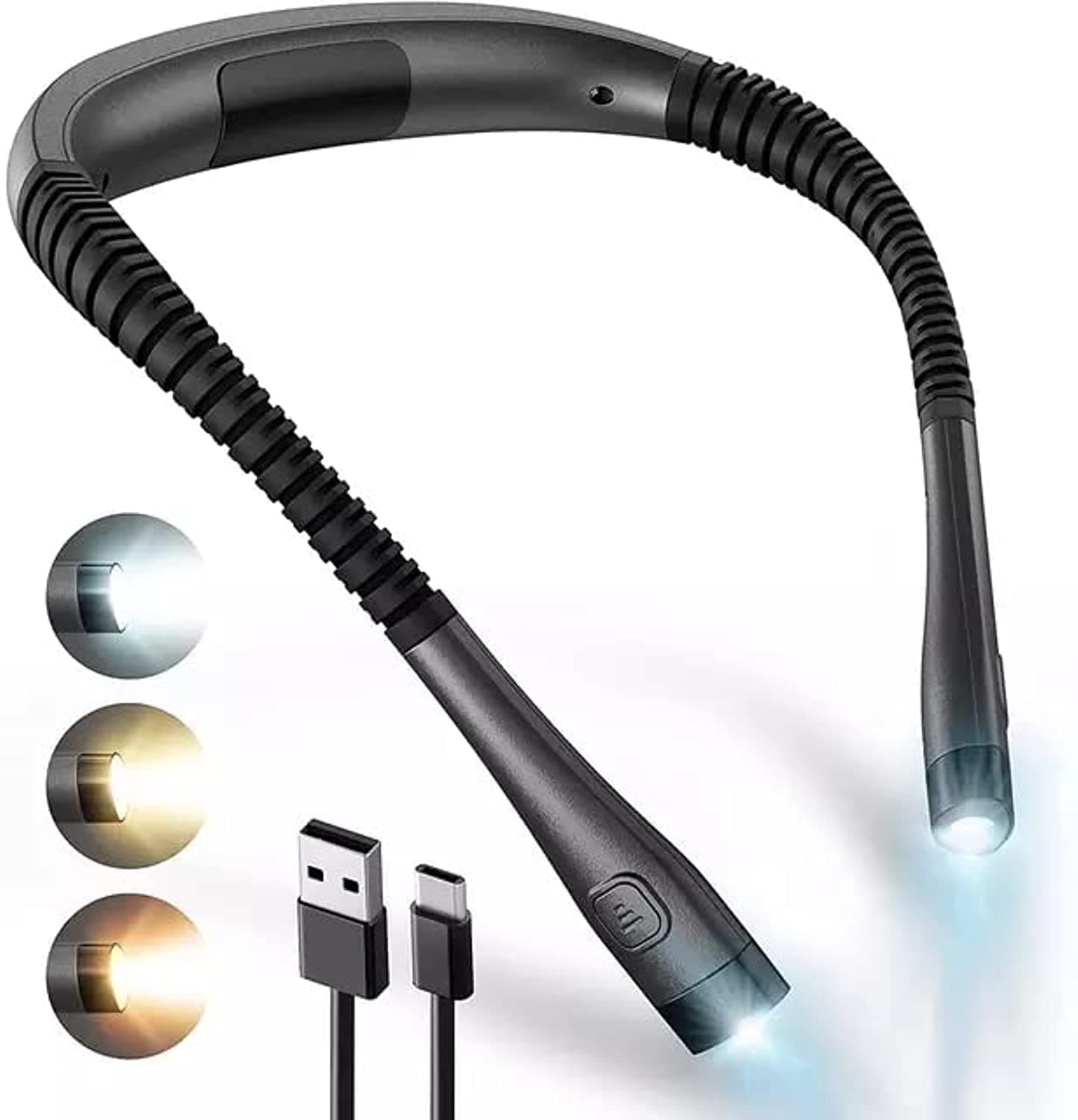 HBSTUDIO Round Neck Reading Light for Knitting, Crafting, 3 Colours & 6 Brightness Levels LED Light for Reading in Bed at Night, USB Rechargeable, 1000mAh Battery for 80+ Hours Working(Black)