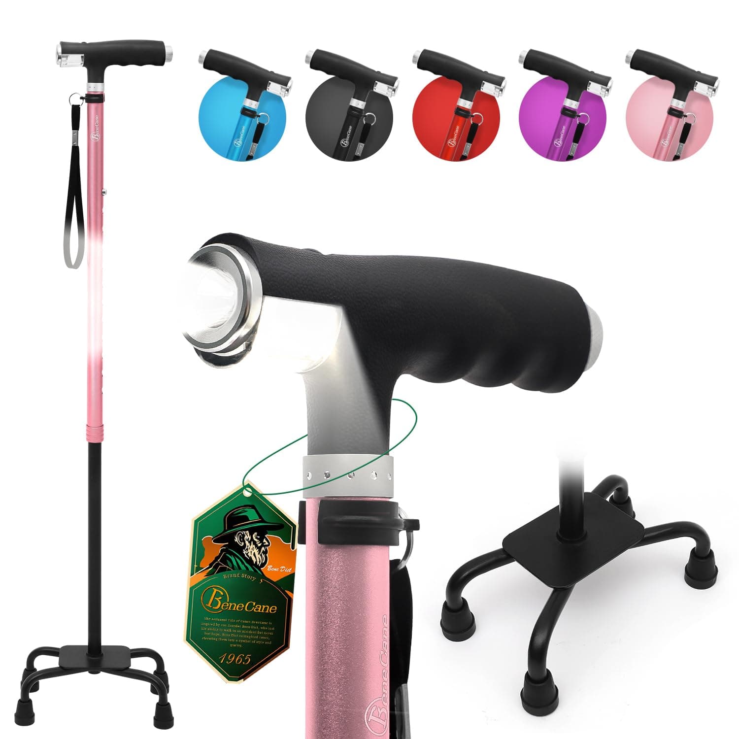 BeneCane Quad Cane Walking Cane with Two Led Lights with Big Base T Handle＆Lightweight Adjustable Walking Stick Four Pronged Sturdy for Men and Women