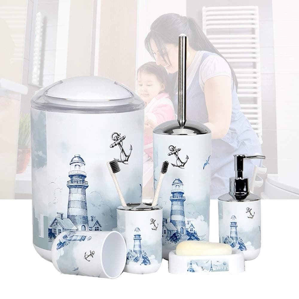 6 Piece Plastic Bathroom Accessory Set Luxury Lighthouse Bath Accessories Bath Set Lotion Bottles,Toothbrush Holder,Tooth Mug,Soap Dish,Toilet Brush,Rubbish for Modern Design