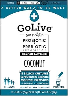 GoLive COCONUT Synbiotic (Probiotics + Prebiotics); 15 Billion CFUs; 15 Clinical Strains. Formulated and Recommended by Doctors and Dietitians for Digestion, Metabolism, Immunity.
