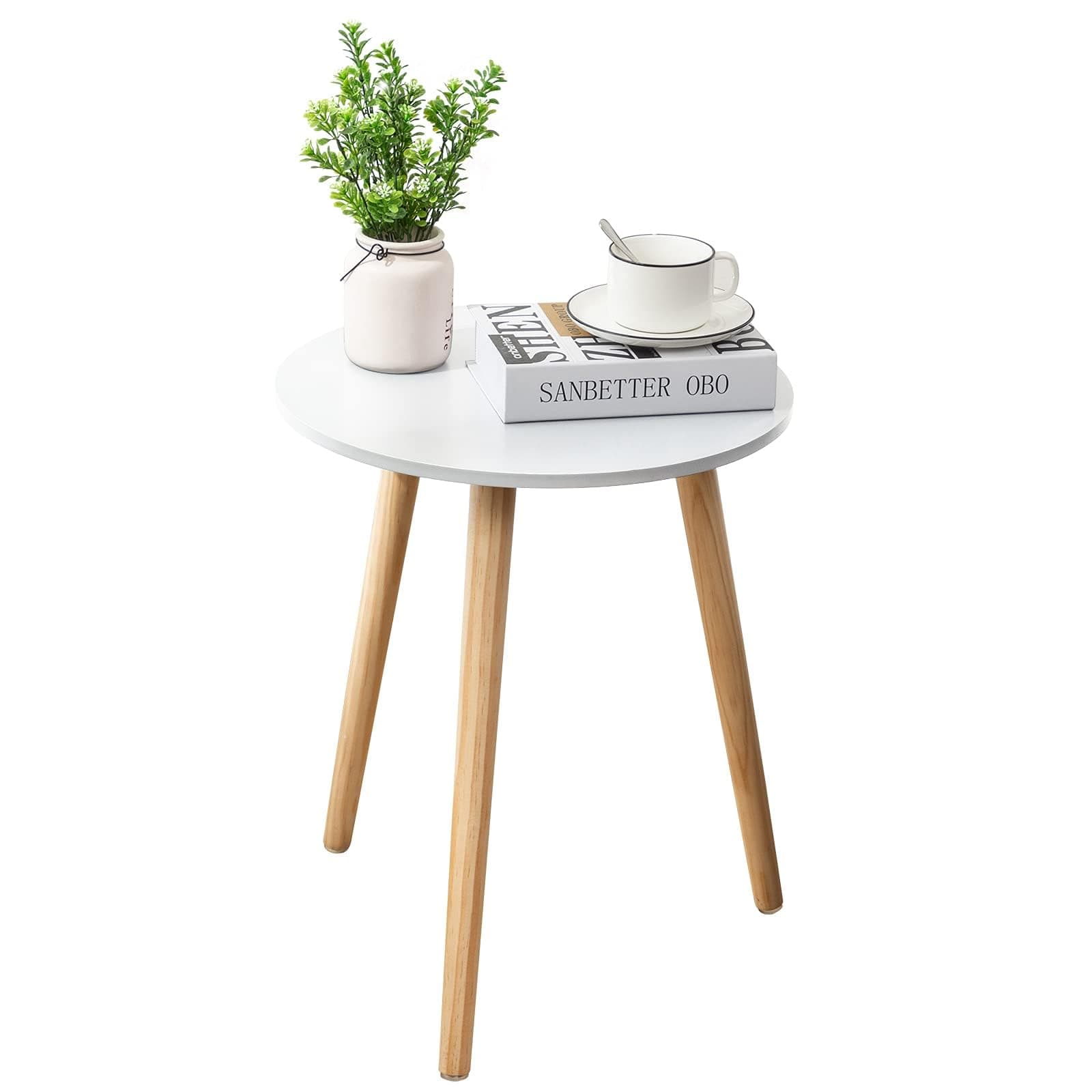 Round Side Table, White Bedside Table Coffee End Table for Bedroom, Living Room, Small Spaces, Easy Assembly Nightstands with Natural Wood Legs, 16.5 x 20.5 Inches