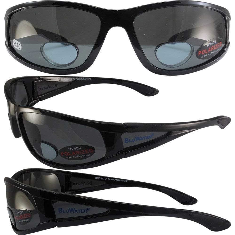 BluWater Polarized Bifocal 3 Sunglasses Gloss Black Frames +3.0 Magnification Smoke Lenses by Global Vision
